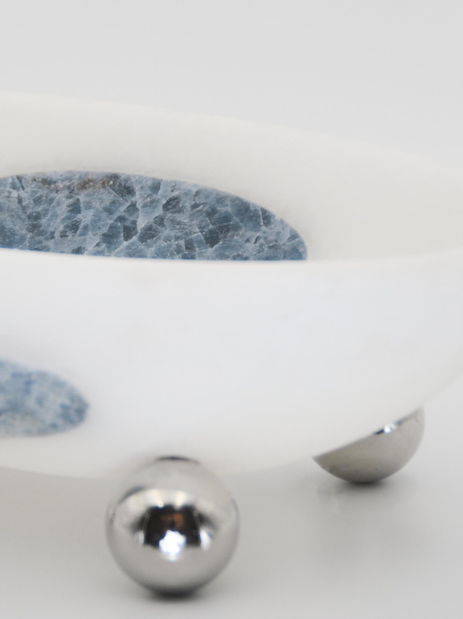 Orbit Bowl, Mexican White Onyx Stone, with Pink Marble Inlay For Sale 3