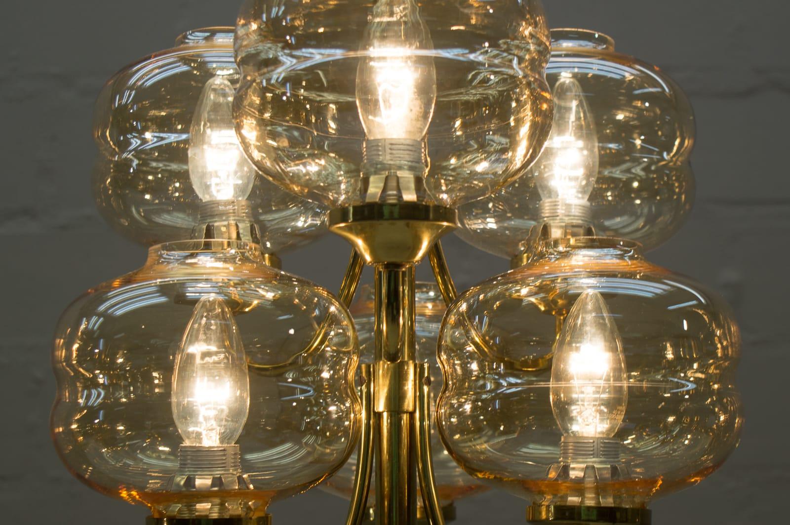Mid-20th Century Orbit Ceiling Lamp with Six Amber Glass Shades, 1960s For Sale
