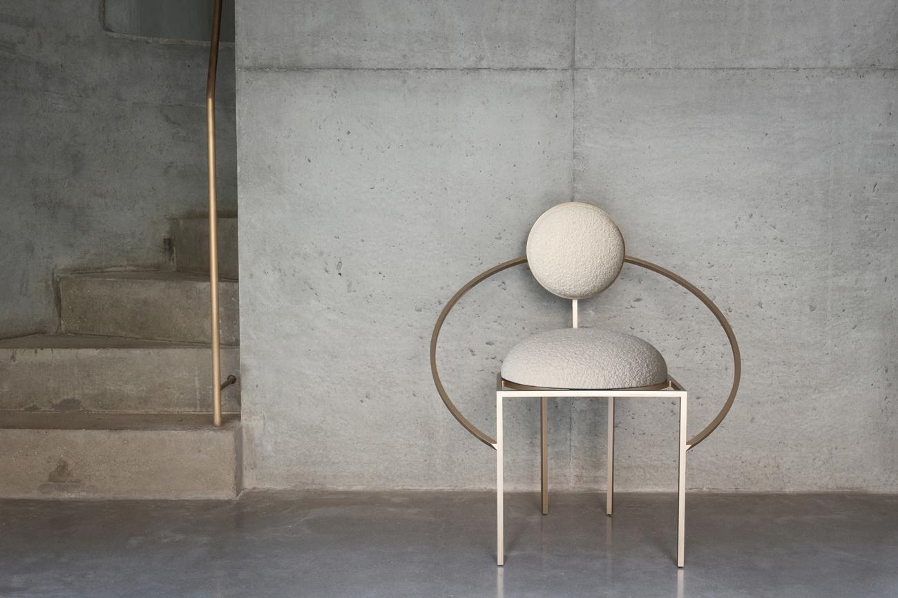 Modern Orbit Chair, Brushed Brass and Cream Boucle Wool Fabric, by Lara Bohinc For Sale