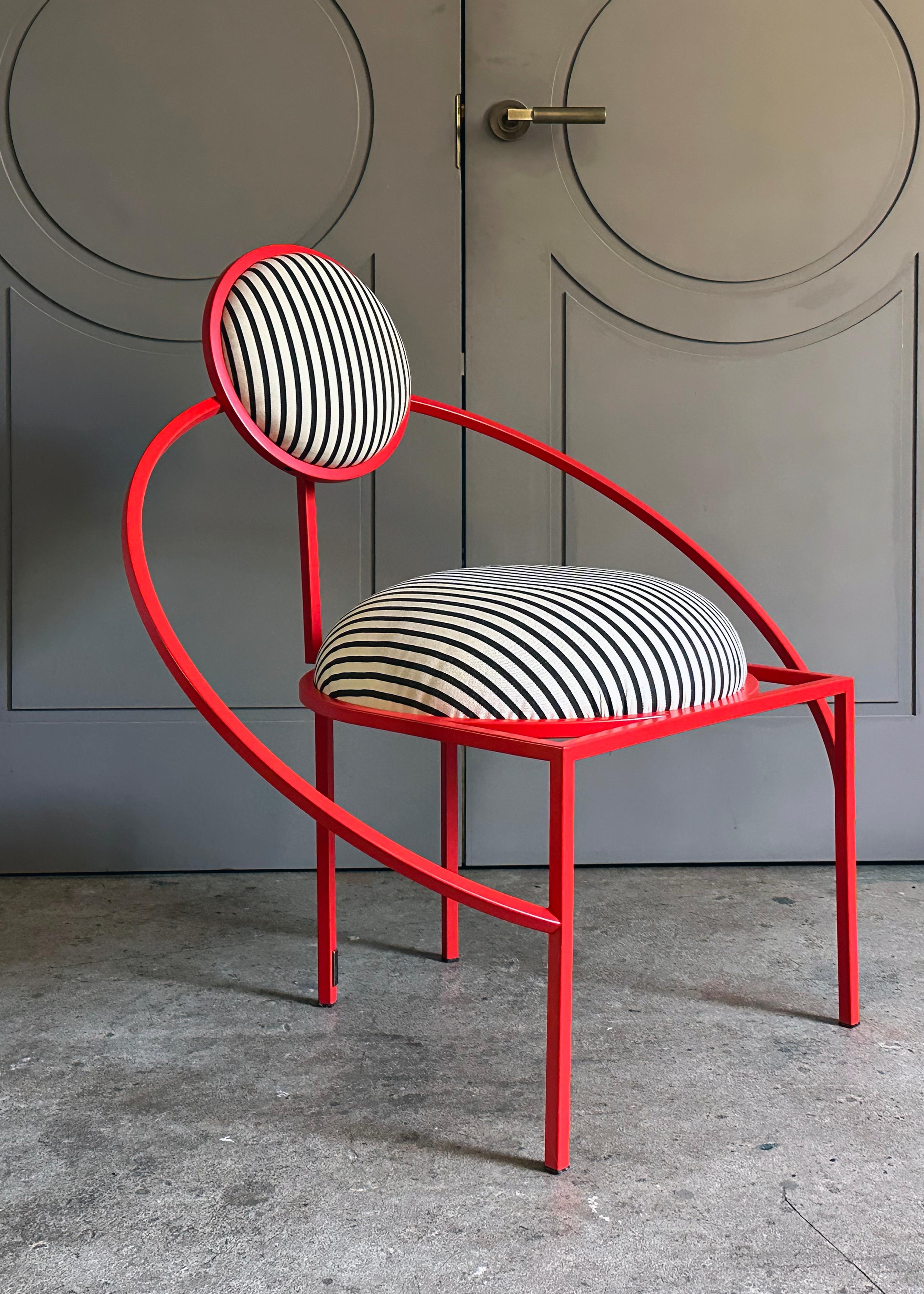 Modern Orbit Chair, Outdoor , Red Powder-Coated Steel and Stripe Fabric, in stock For Sale