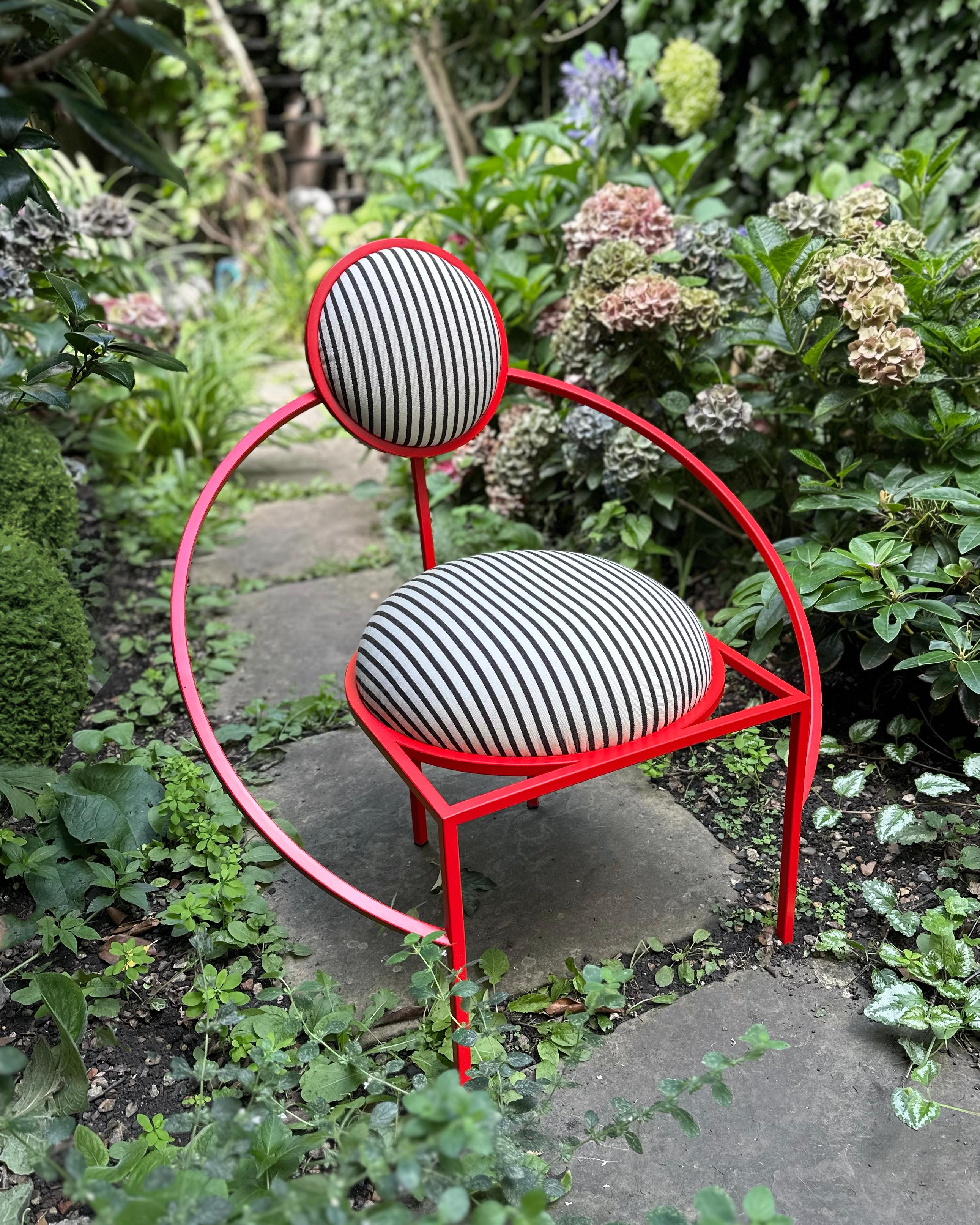 Contemporary Orbit Chair, Outdoor , Red Powder-Coated Steel and Stripe Fabric, in stock For Sale