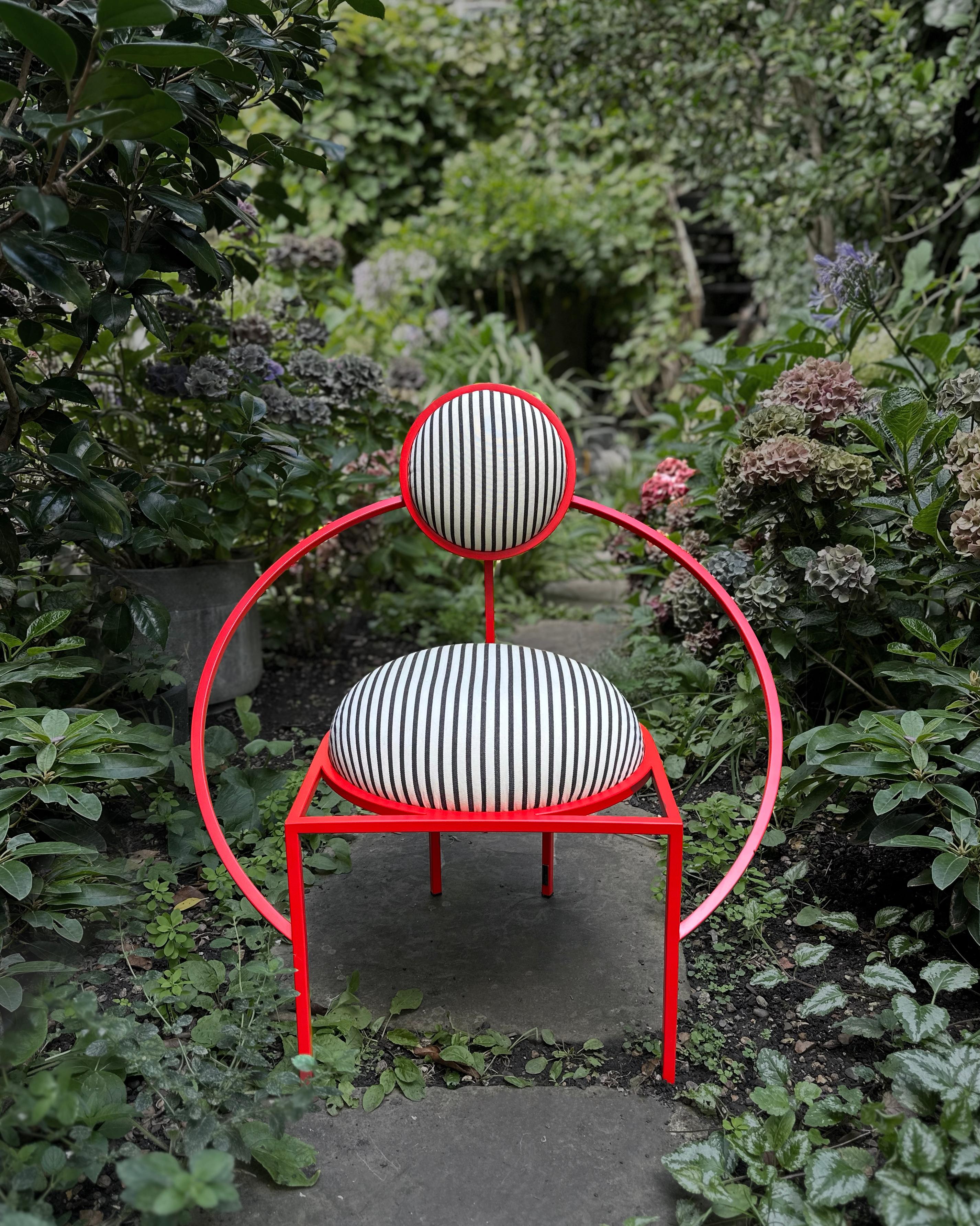 Stainless Steel Orbit Chair, Outdoor , Red Powder-Coated Steel and Stripe Fabric, in stock For Sale