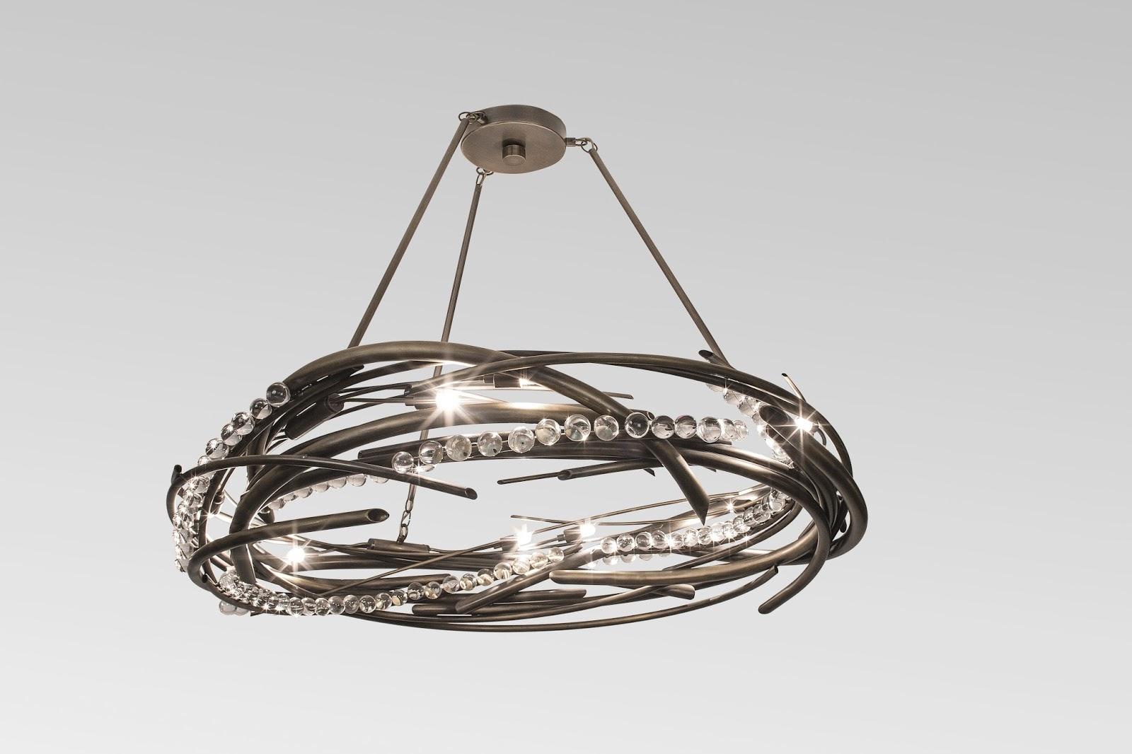 The circular motion of this highly sculptured chandelier represents the movement of an object along a circular path. The non-uniform changing rate of rotation describes the shape of the chandelier with its crystal bundles attached by the result of