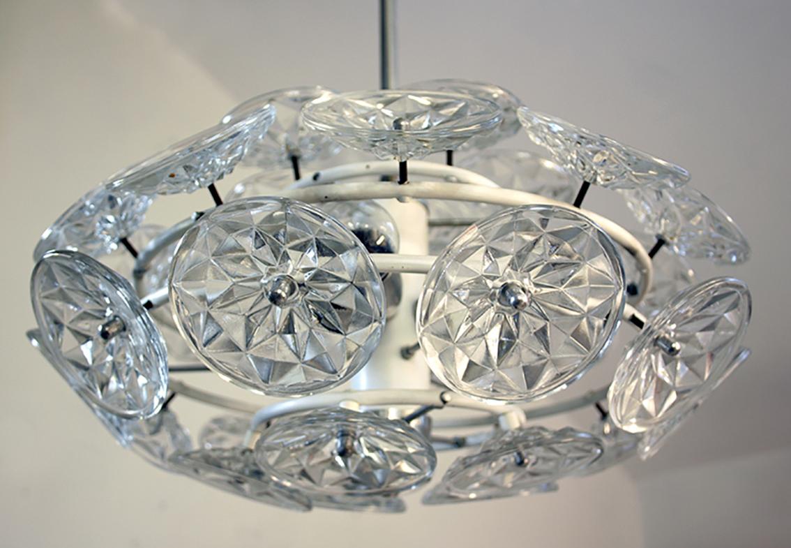 Lacquered Orbit Chandelier Glass and White Frame by VEB Lighting Hellerau Germany 1960 For Sale
