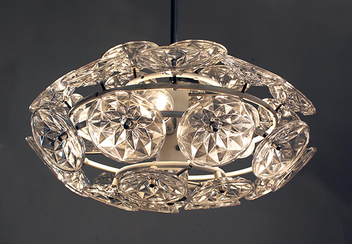 Mid-20th Century Orbit Chandelier Glass and White Frame by VEB Lighting Hellerau Germany 1960 For Sale