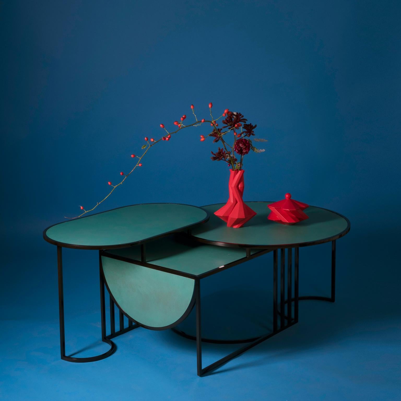 Italian Orbit Coffee Table, Steel Frame and Verdigris Copper Top, by Lara Bohinc