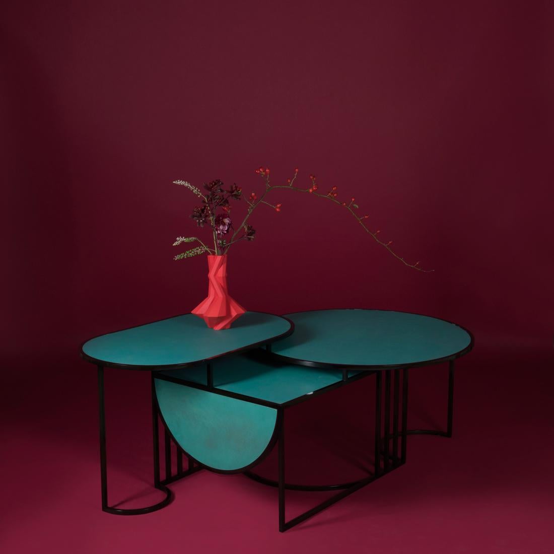 Contemporary Orbit Coffee Table, Steel Frame and Verdigris Copper Top, by Lara Bohinc