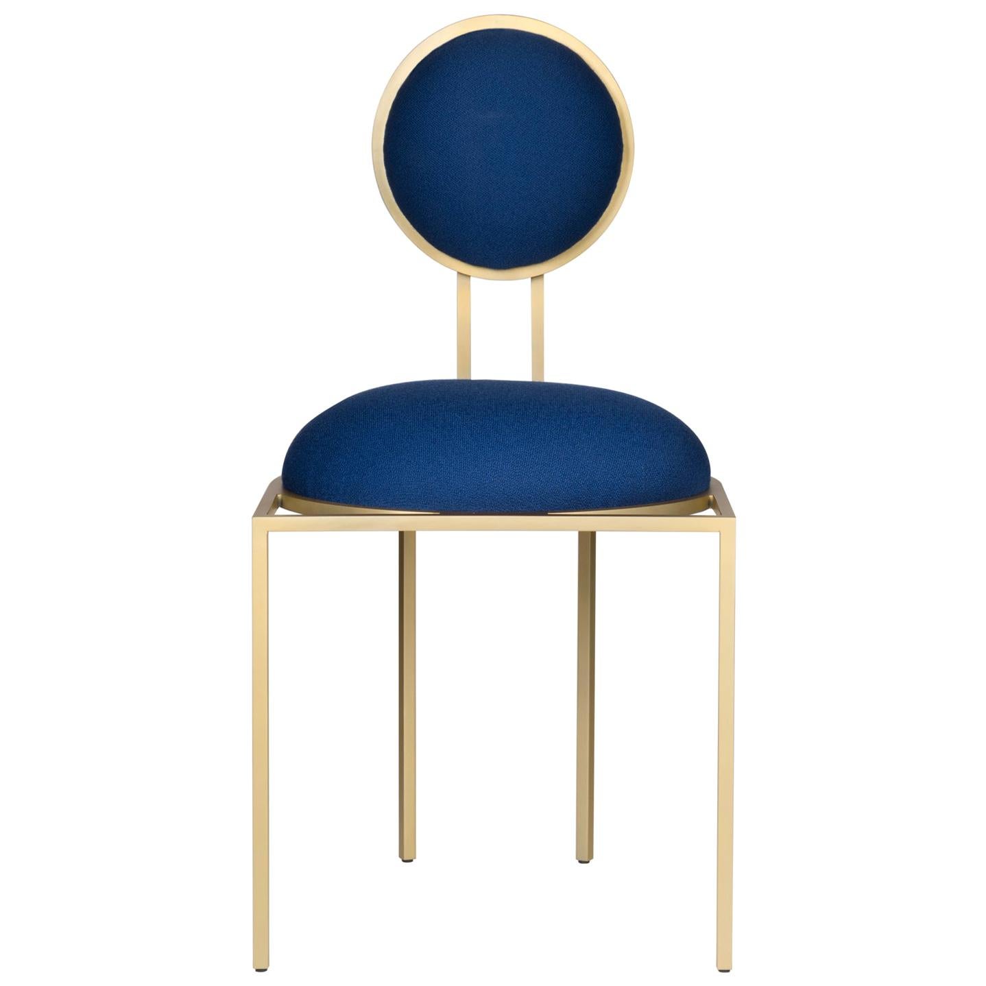 Orbit Dining Chair in Blue Wool Fabric, Brushed Brass, by Lara Bohinc
