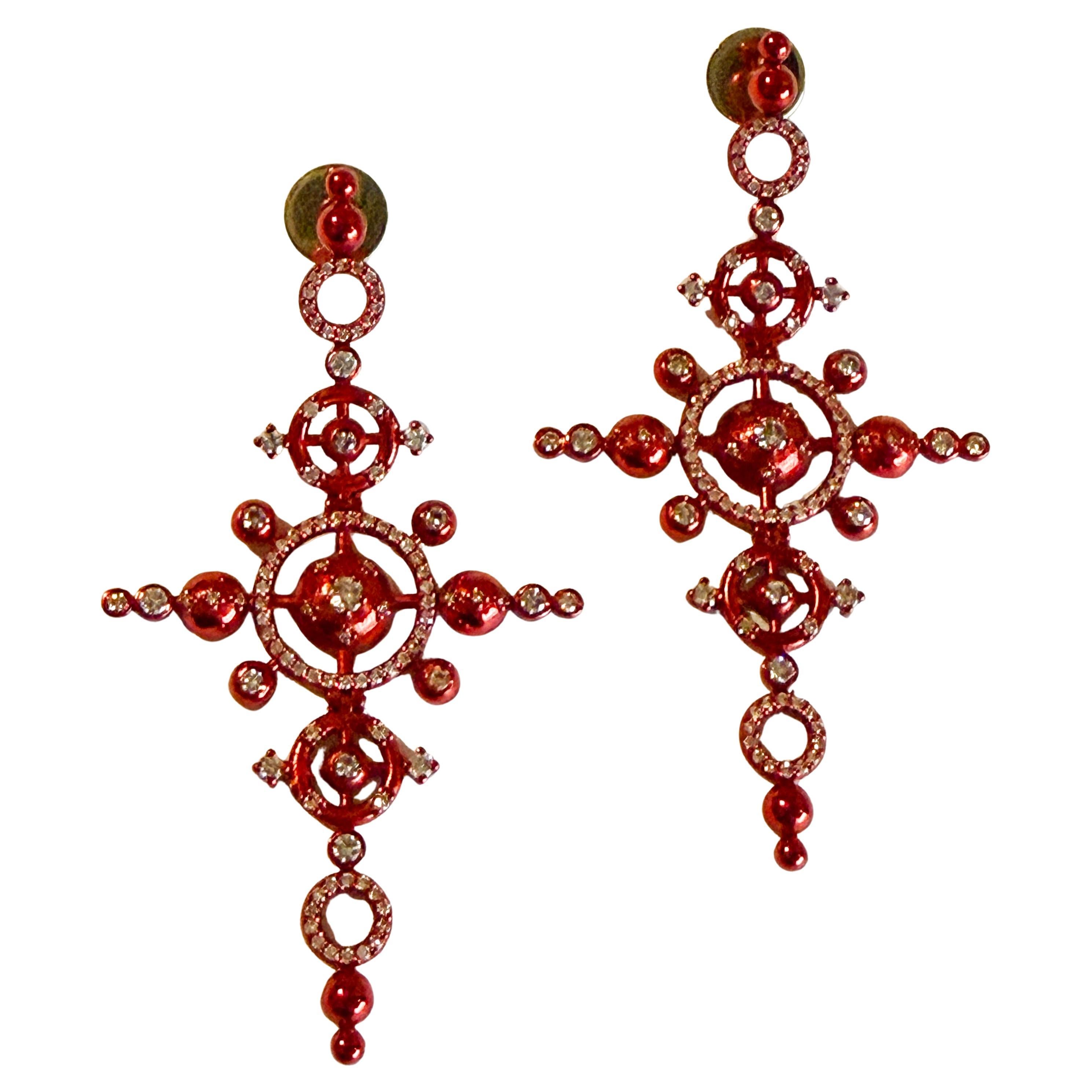 Orbit Earrings in Red Nanoceramic-Coated 18 Karat Gold with Diamonds For Sale