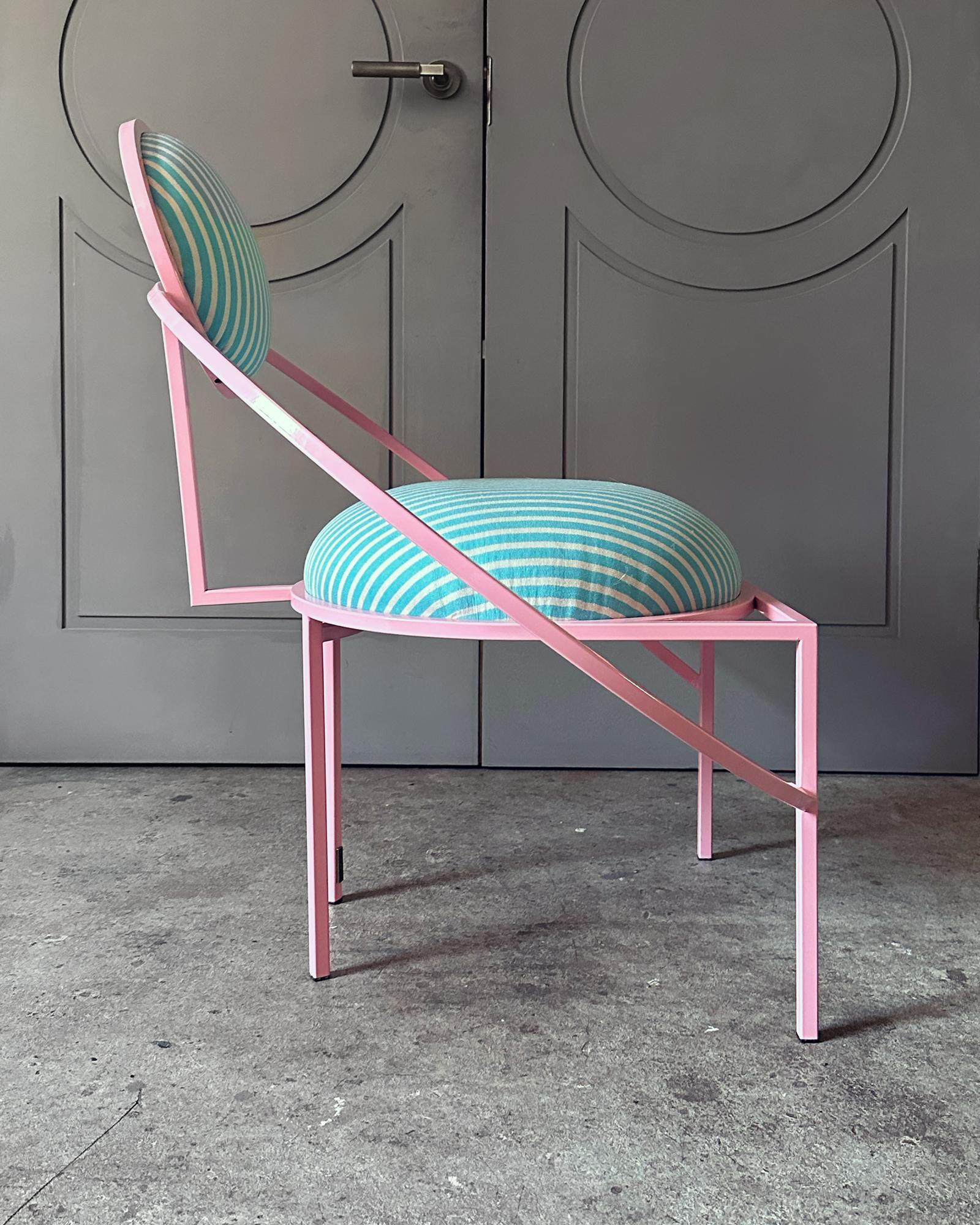 Modern Orbit Garden Chair, Outdoor , Pink  Steel and Stripe Fabric, in stock For Sale
