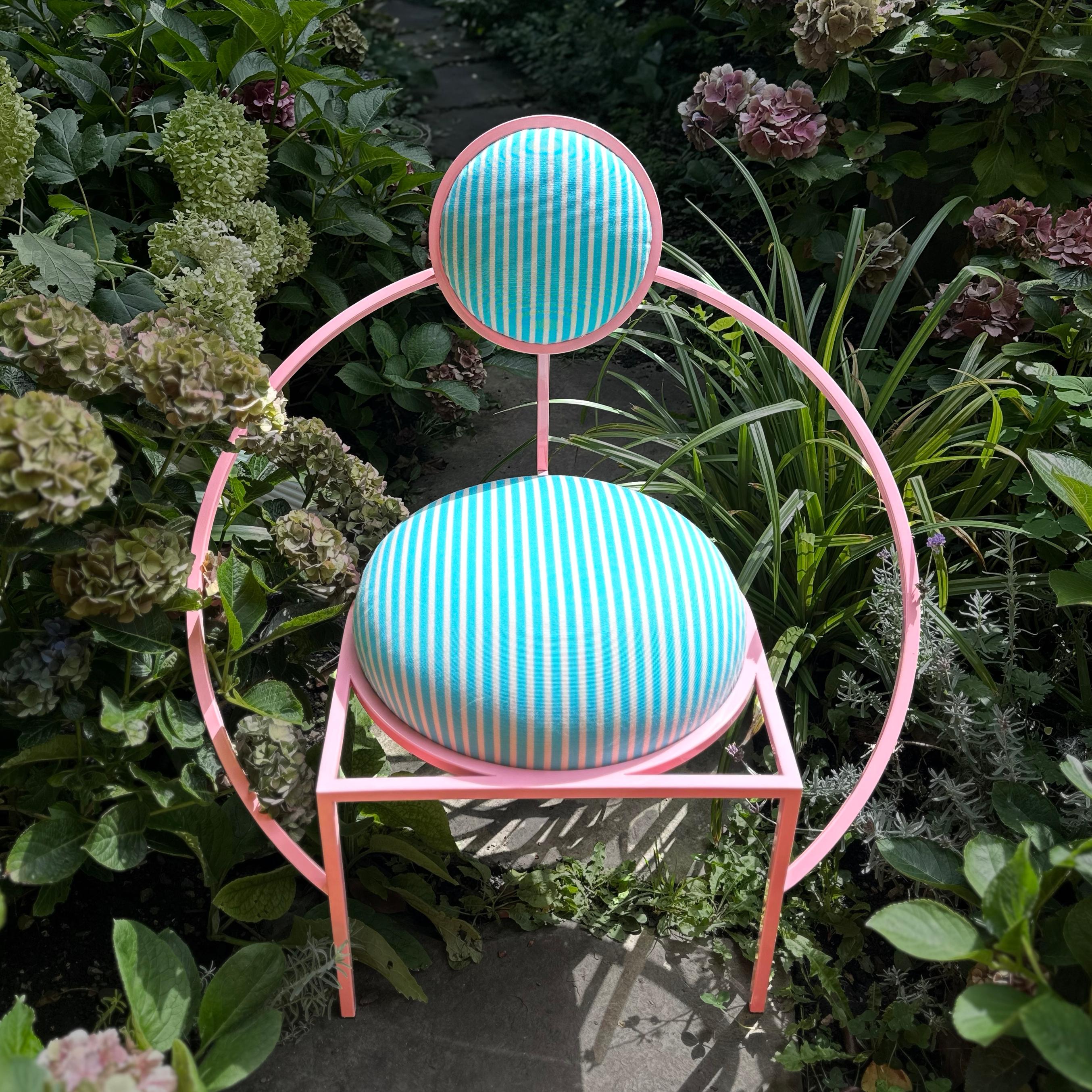 Portuguese Orbit Garden Chair, Outdoor , Pink  Steel and Stripe Fabric, in stock For Sale