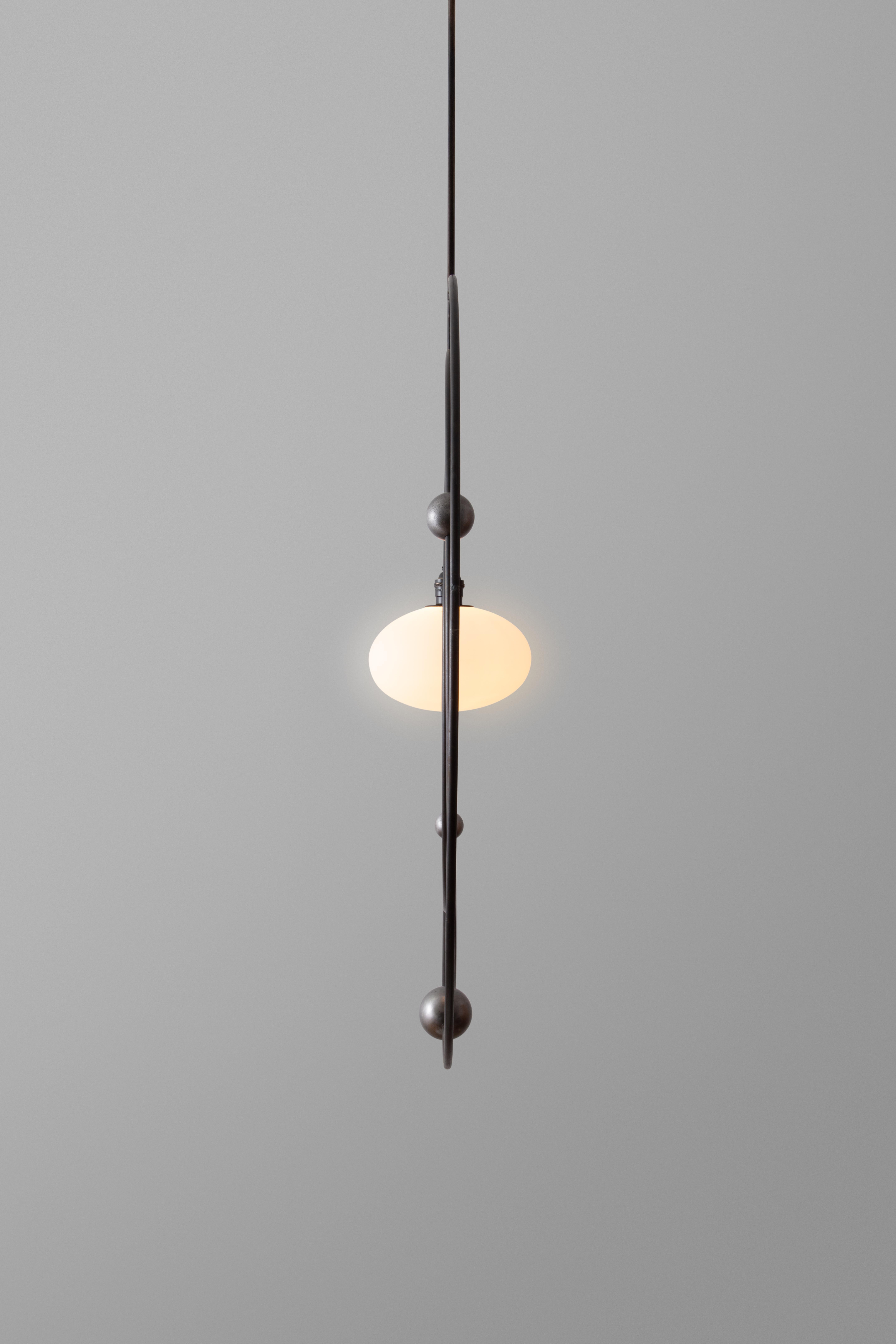 Modern Orbit Mobile Pendant Kinetic Sculpture w/ Blown Glass and Adorned Steel Rings For Sale