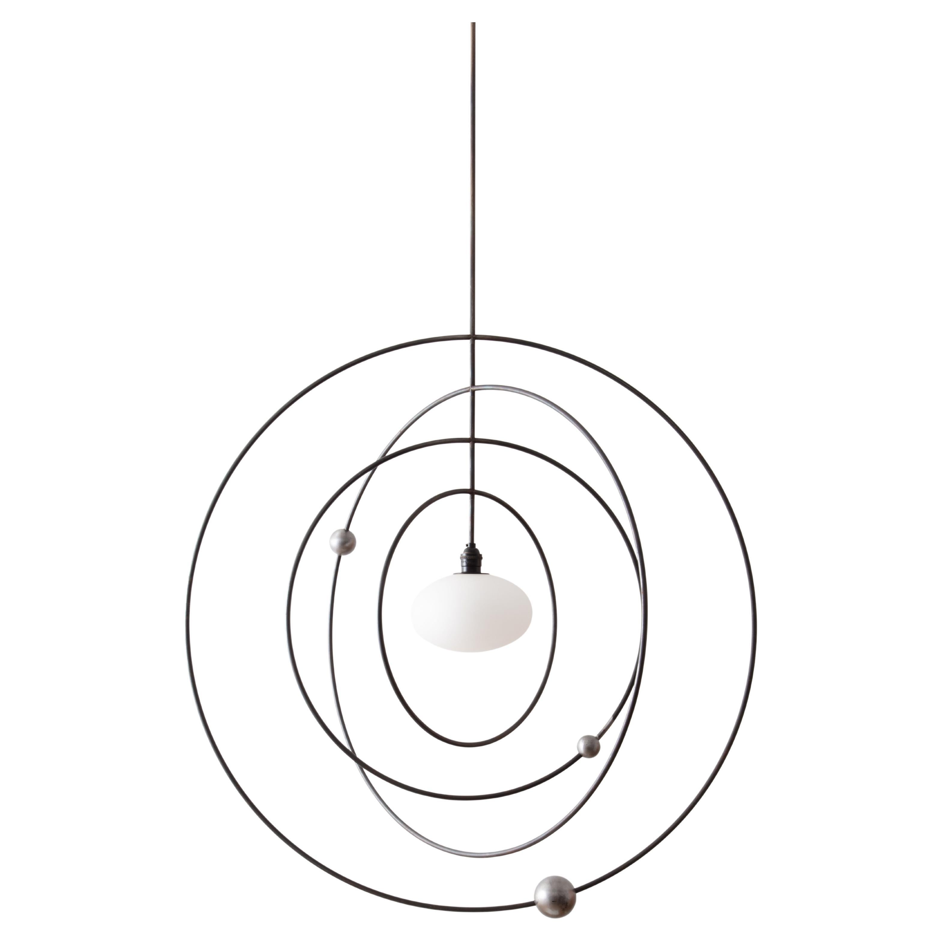 Orbit Mobile Pendant Kinetic Sculpture w/ Blown Glass and Adorned Steel Rings