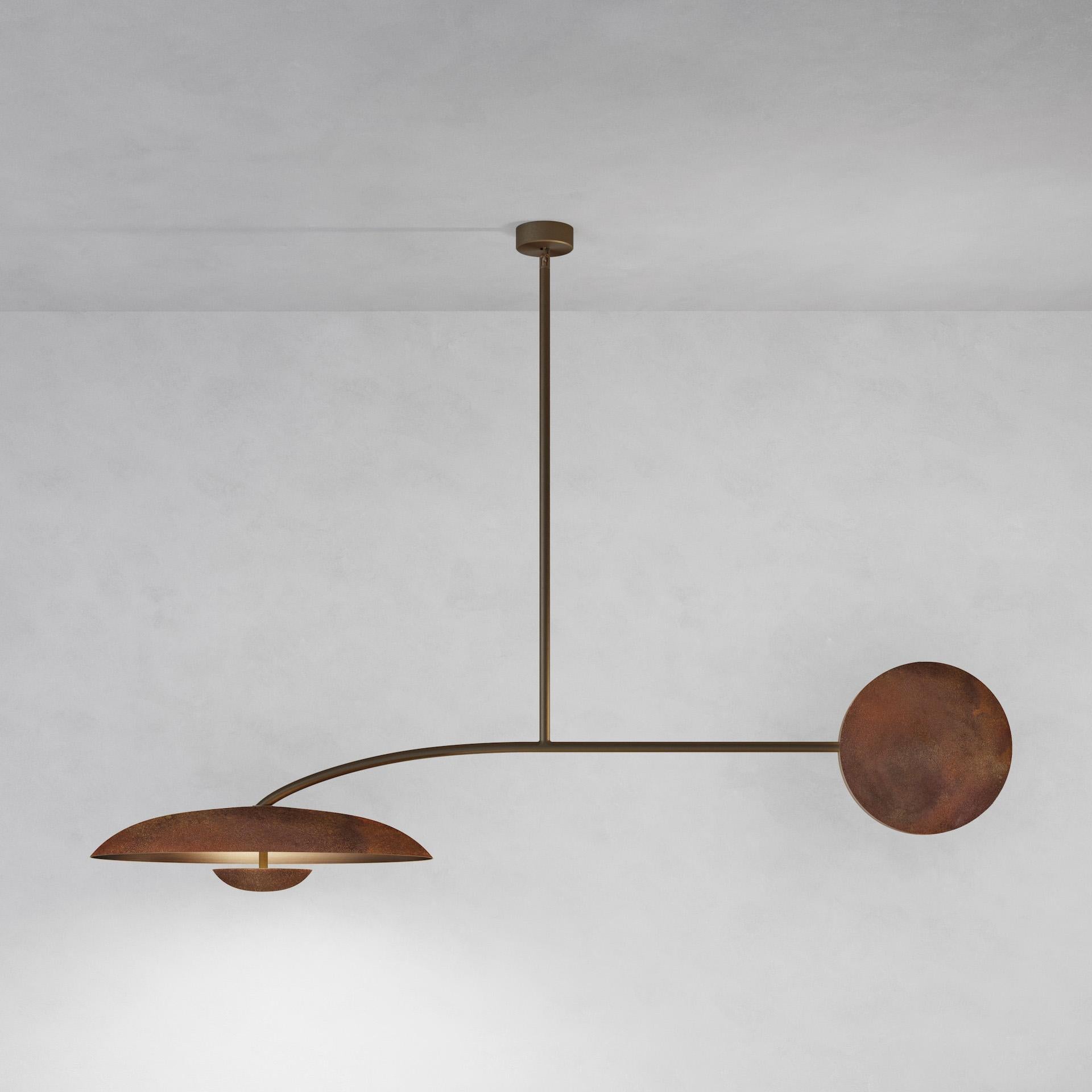 Orbit Solo Rust Ceiling Light by Atelier001
Dimensions: D60 x W160 X H115 cm
Materials: Shade Rust patinated brass
Framework Medium bronze
Also Available: In different finishes.

All our lamps can be wired according to each country. If sold to the