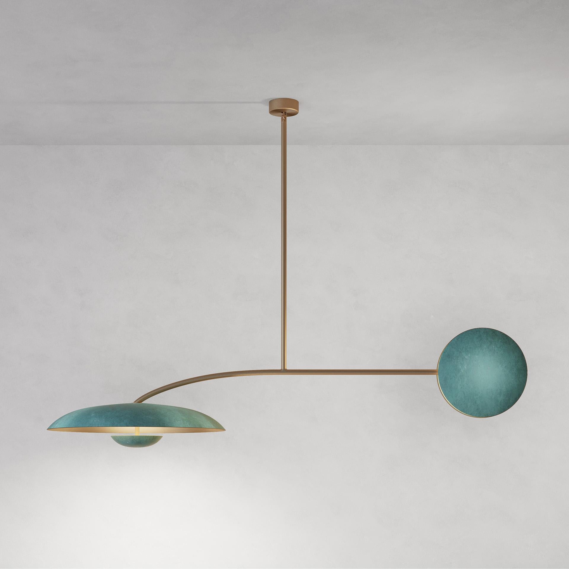 Orbit Solo Verdigris Ceiling Light by Atelier001
Dimensions: D60 x W160 X H115 cm
Materials: Shade Verdigris patinated brass
Framework Satin brass
Also Available: In different finishes.

All our lamps can be wired according to each country. If sold