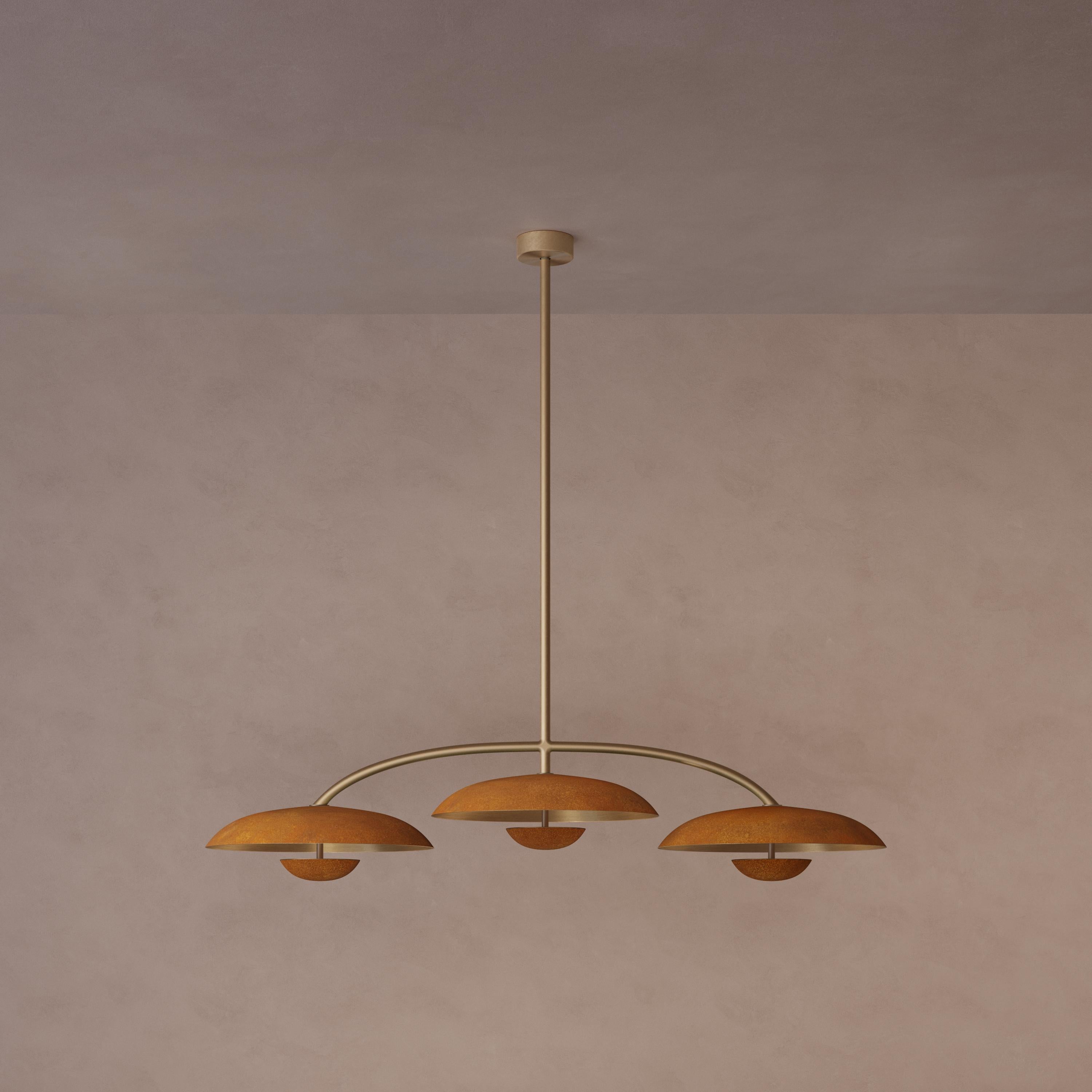 Organic Modern 'Orbit Trio Rust' Handmade Rust Patinated Brass Ceiling Pendant For Sale