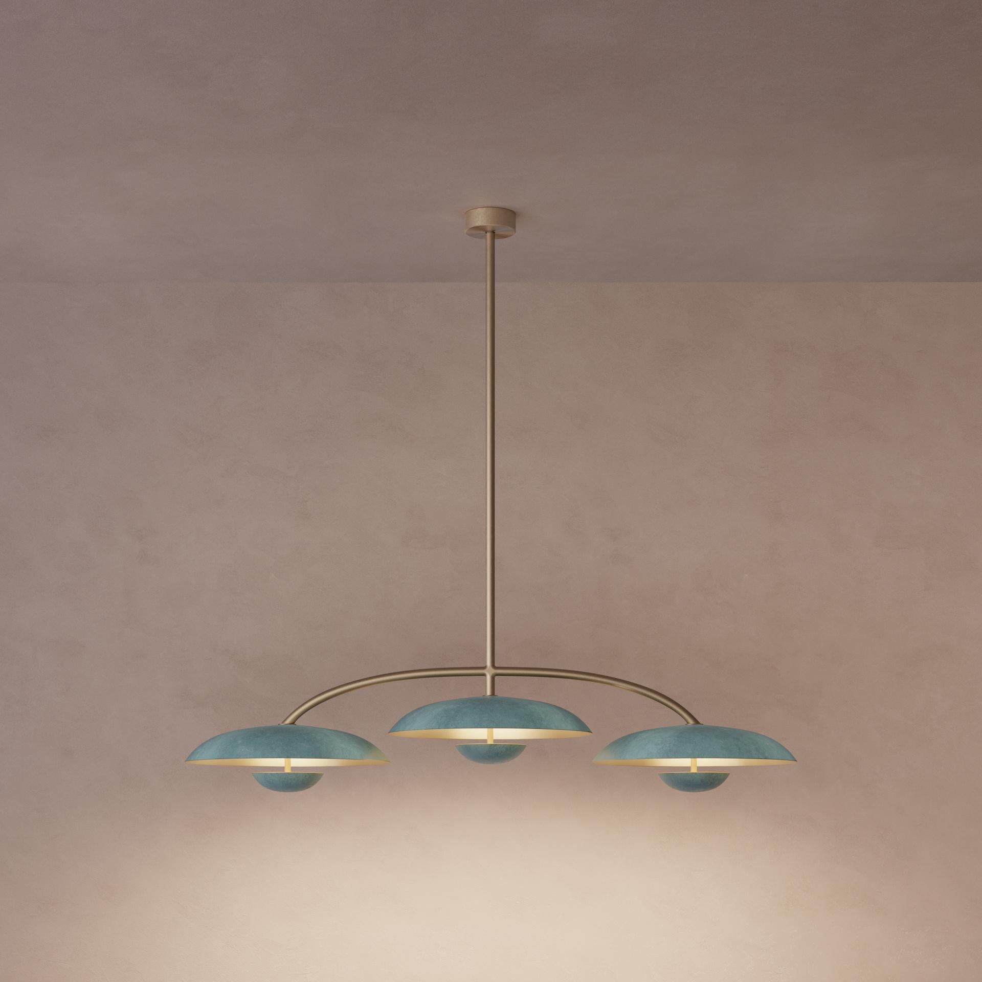 Orbit Trio Verdigris Ceiling Light by Atelier001
Dimensions: D40 x W120 x H116 cm
Materials: shade Verdigris patinated brass
Framework medium bronze
Also available: In different finishes. 

All our lamps can be wired according to each country. If
