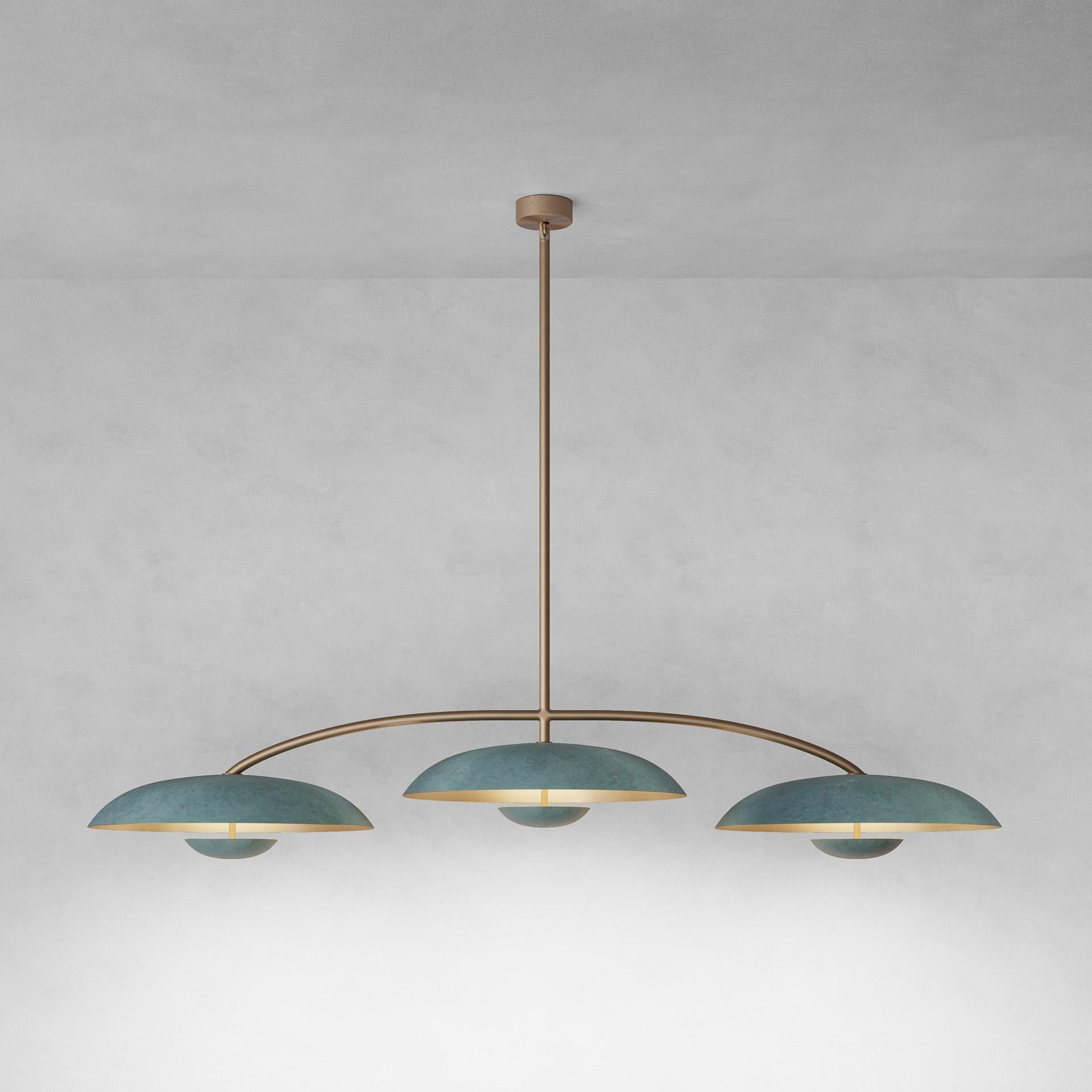 Orbit Trio Verdigris XL Ceiling Light by Atelier001
Dimensions: D60 x W160 x H115 cm
Materials: Shade Verdigris patinated brass
Framework Verdigris patinated brass & medium bronze
Also available: In different finishes. 

All our lamps can be wired