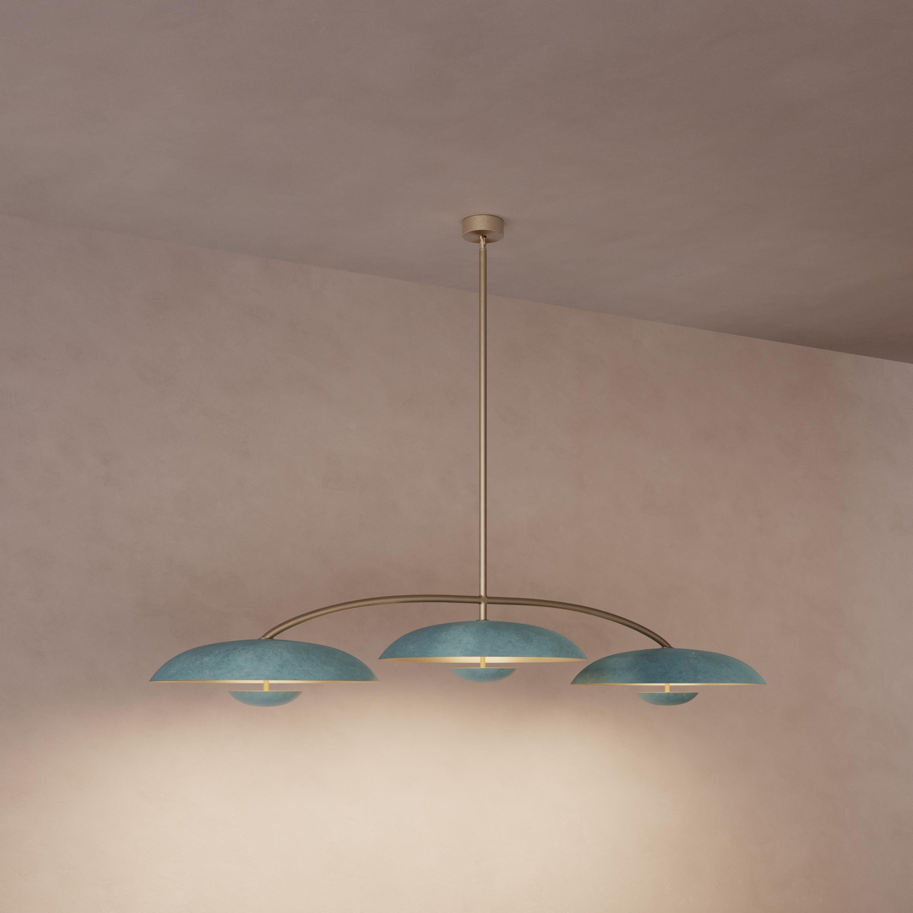 English 'Orbit Trio XL Verdigris' Handmade Verdigris Patinated Brass Ceiling Light For Sale