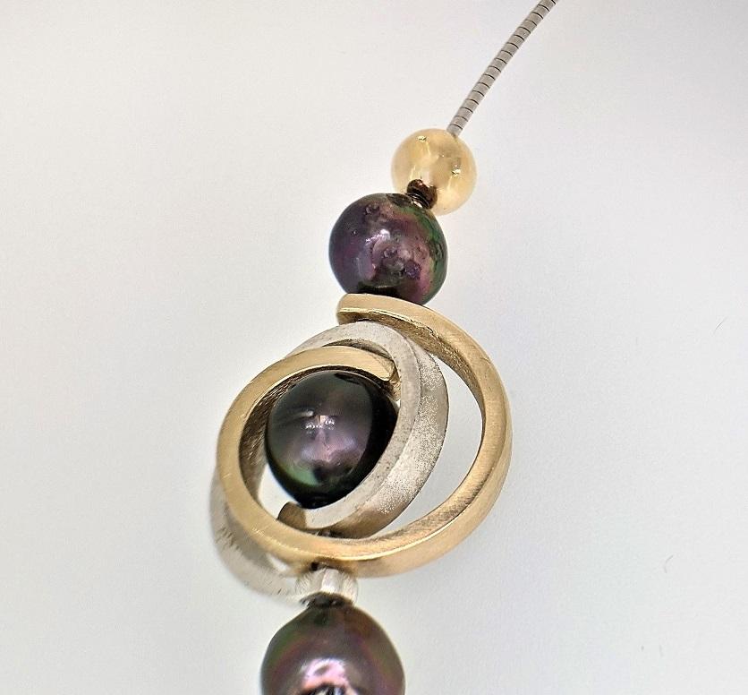 Contemporary Orbit Two Tone Single Spiral Necklace in Sterling & 14ky with Tahitian Pearl