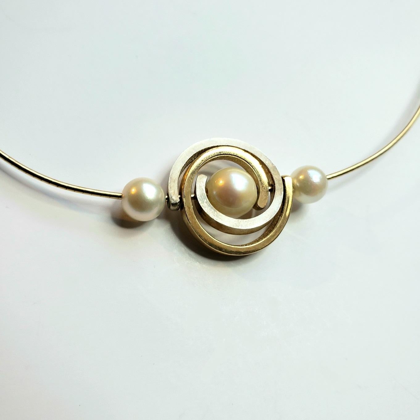 Round Cut Orbit Two Tone Single Spiral Necklace in Sterling & 14ky with Tahitian Pearl
