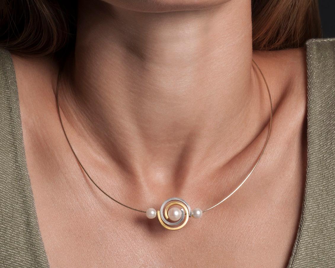 Women's Orbit Two Tone Single Spiral Necklace in Sterling & 14ky with Tahitian Pearl