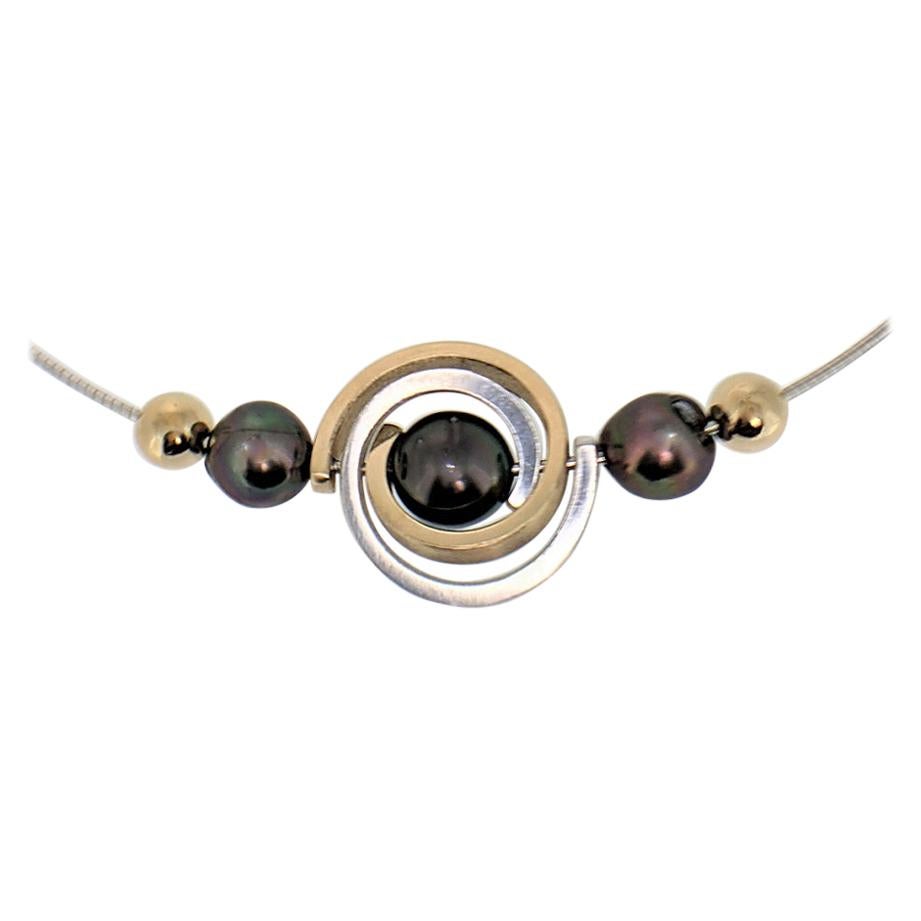 Orbit Two Tone Single Spiral Necklace in Sterling & 14ky with Tahitian Pearl