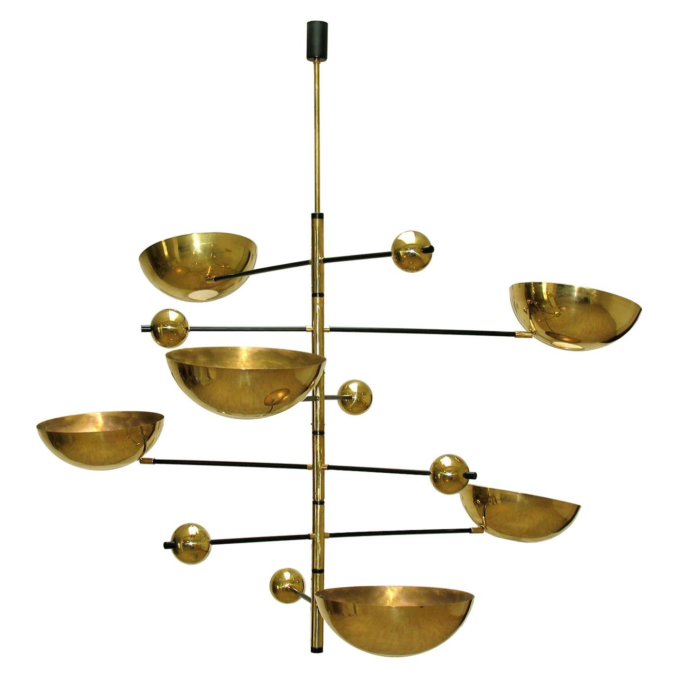 Orbital Six Arms Brass Balanced Italian Chandelier For Sale