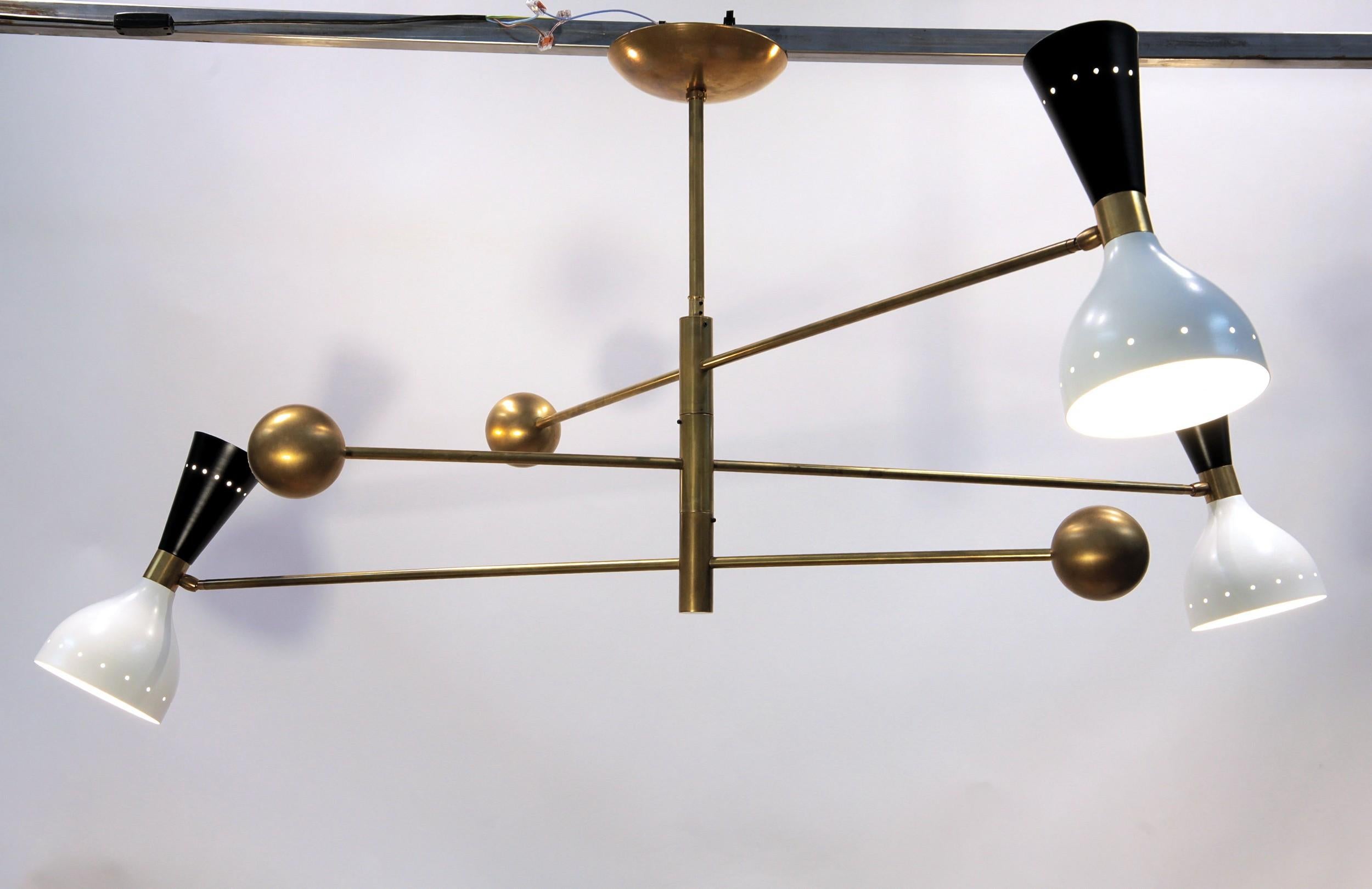 Orbitale Brass Chandelier 3 Rotating Balanced Arms, Ivory Black Twin Shades For Sale 10