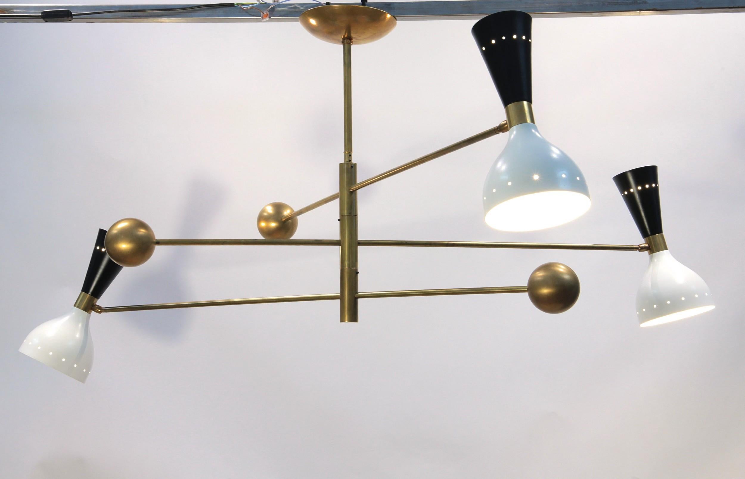 Patinated Orbitale Brass Chandelier 3 Rotating Balanced Arms, Ivory Black Twin Shades For Sale