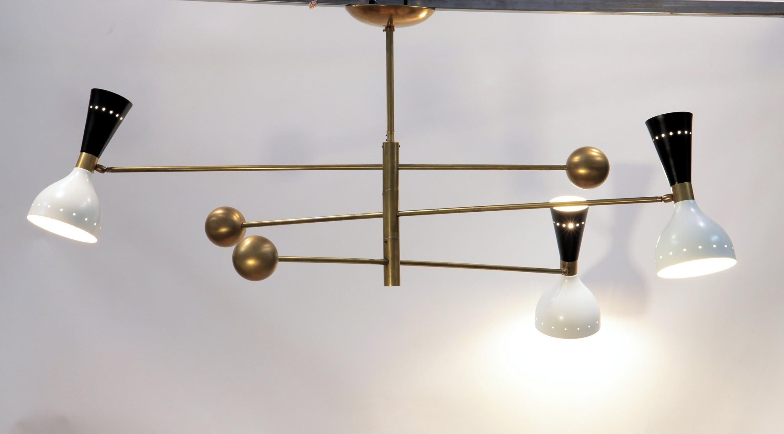 Contemporary Orbitale Brass Chandelier 3 Rotating Balanced Arms, Ivory Black Twin Shades For Sale