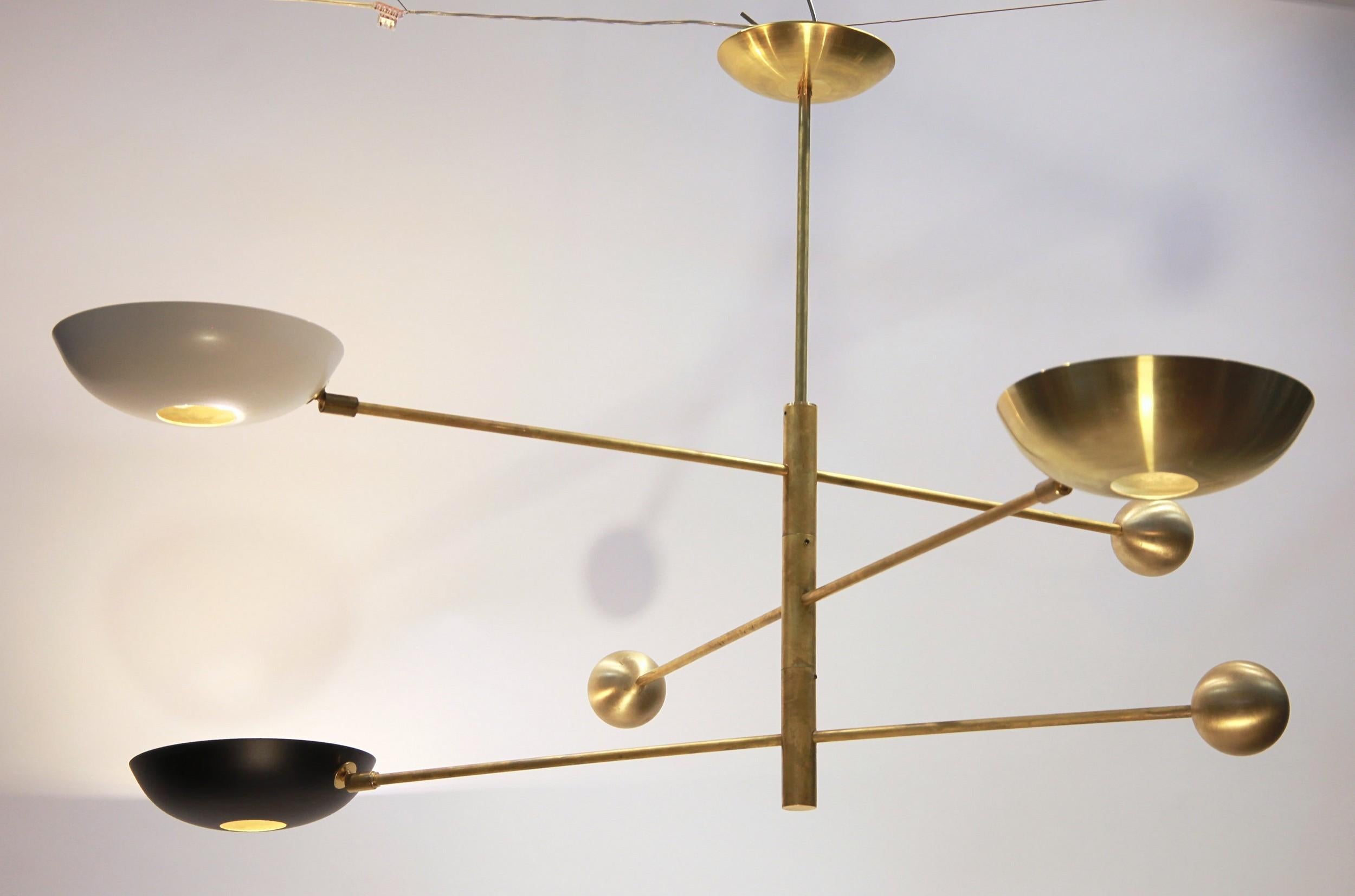Orbitale Brass Chandelier 3 Rotating Balanced Arms, Stilnovo Style, Brass Shades For Sale 4