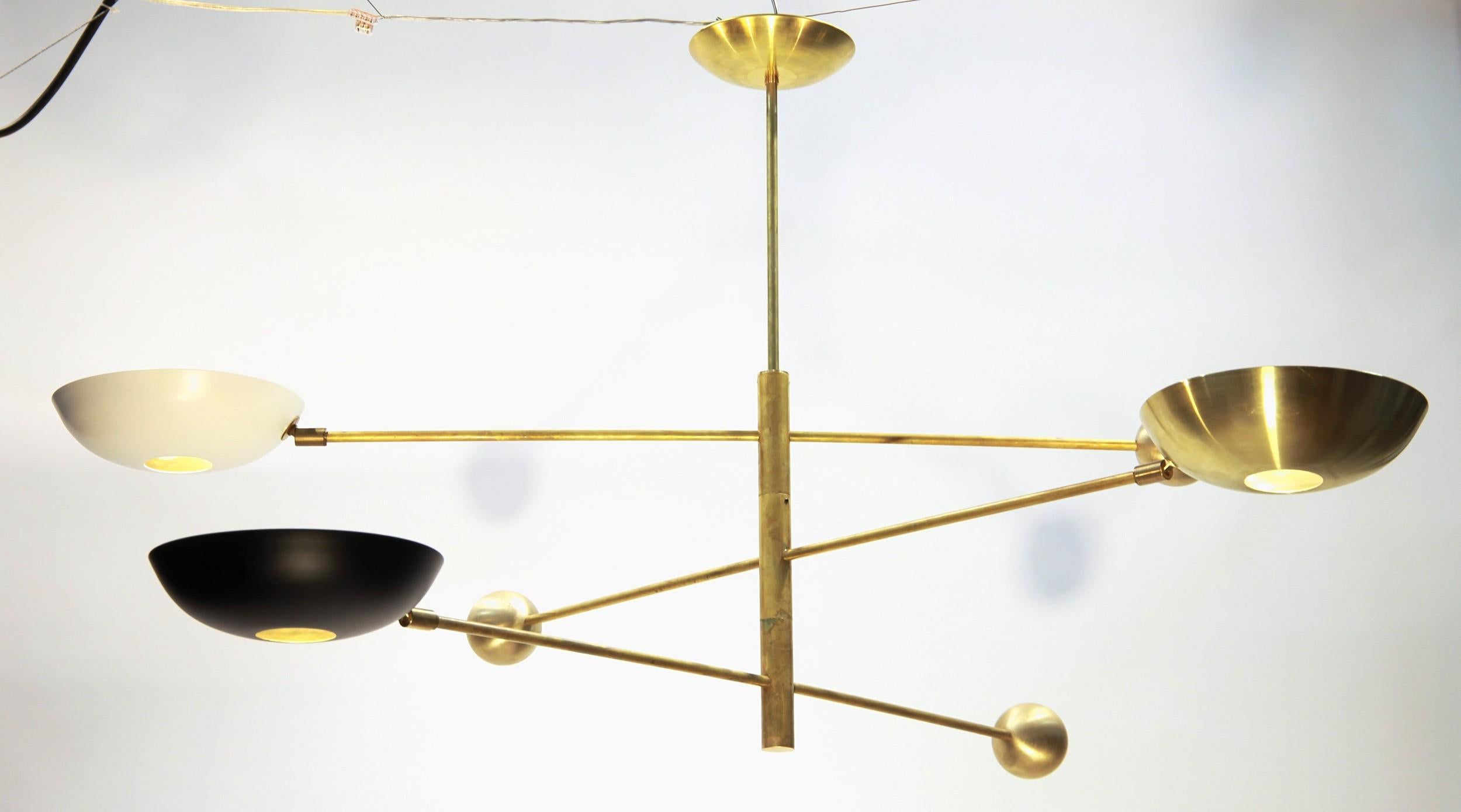 Mid-Century Modern Orbitale Brass Chandelier 3 Rotating Balanced Arms, Stilnovo Style, Brass Shades For Sale