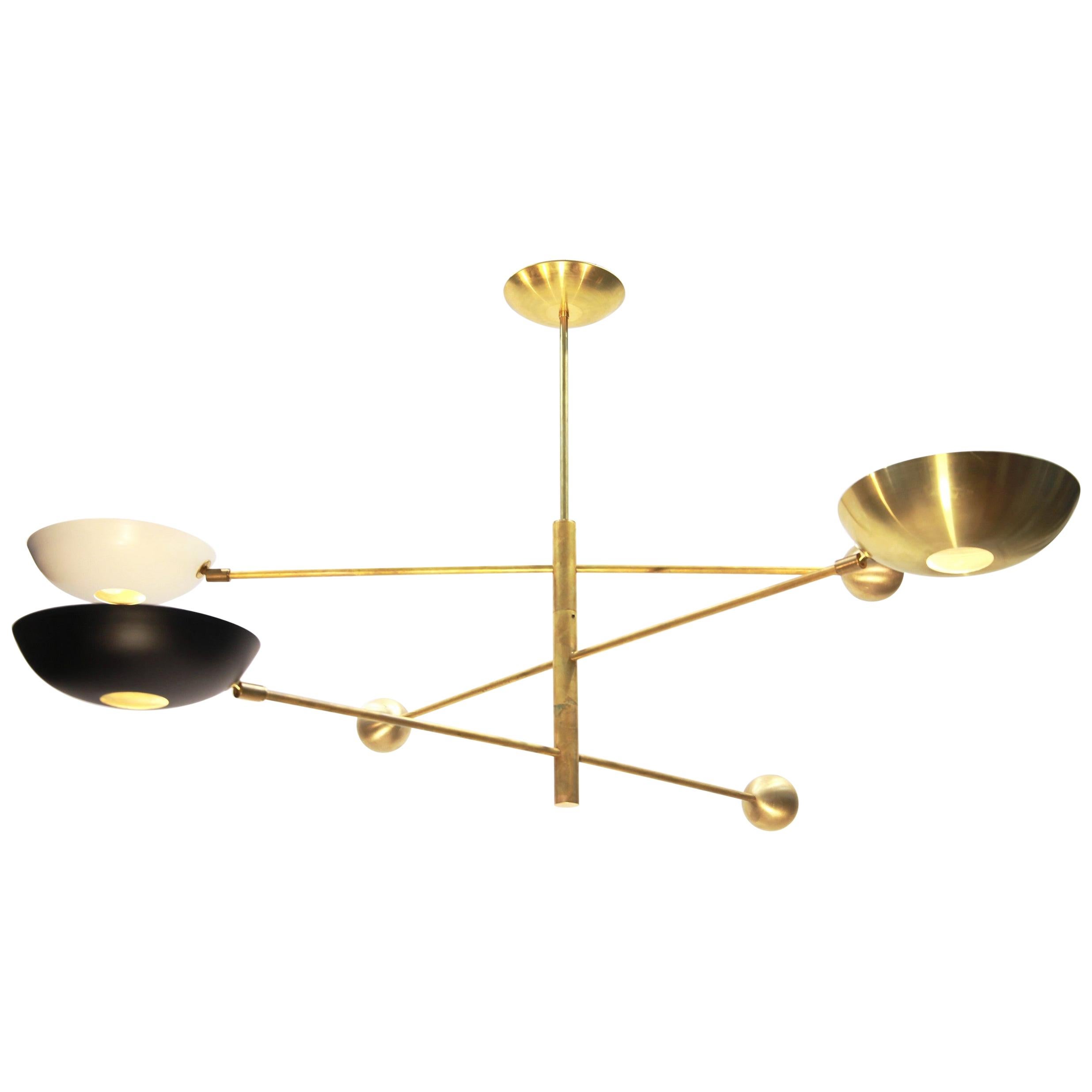 Orbitale Brass Chandelier 3 Rotating Balanced Arms, Stilnovo Style, Brass Shades For Sale