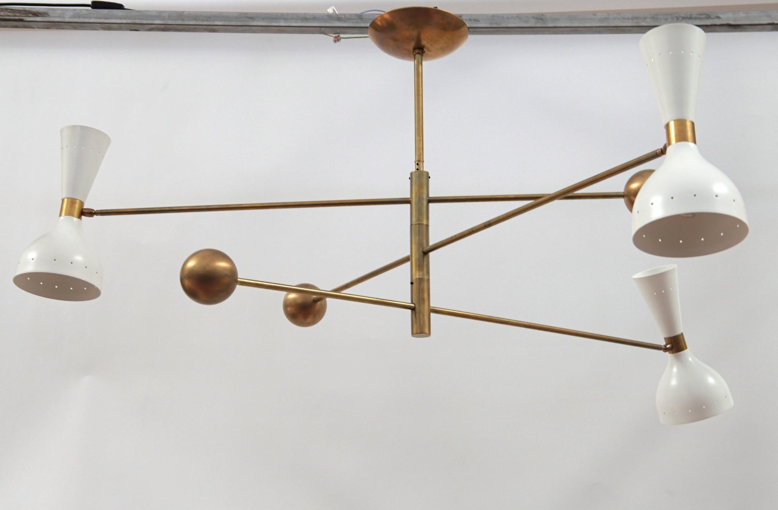 Mid-Century Modern Orbitale Brass Chandelier 3 Rotating Balanced Arms, Stilnovo Style, Twin Shades For Sale