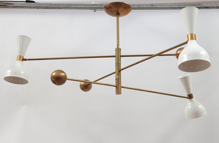 Patinated Orbitale Brass Chandelier 3 Rotating Balanced Arms, Stilnovo Style, Twin Shades For Sale
