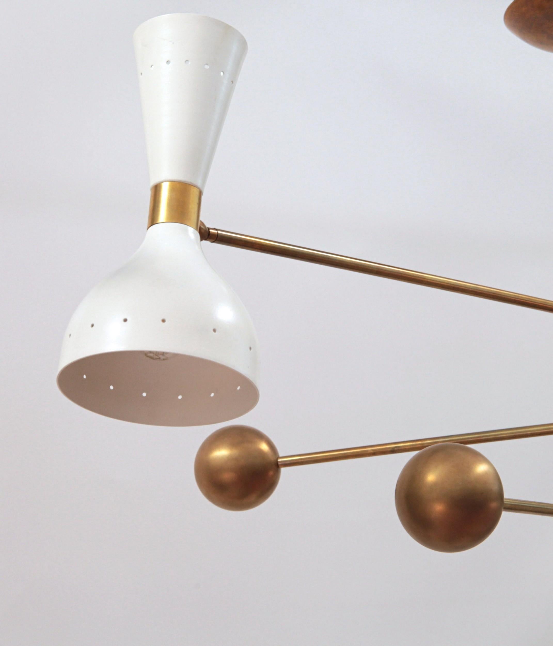 Italian Orbitale Brass Chandelier 3 Rotating Balanced Arms, Stilnovo Style, Twin Shades For Sale