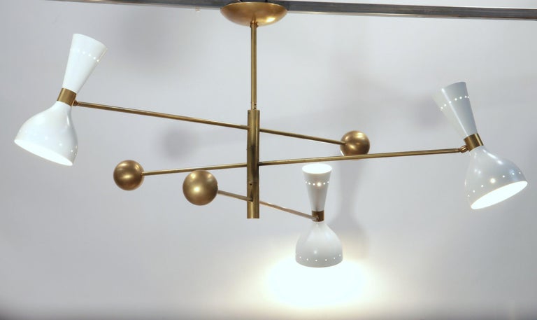 Contemporary Orbitale Brass Chandelier 3 Rotating Balanced Arms, Stilnovo Style, Twin Shades For Sale