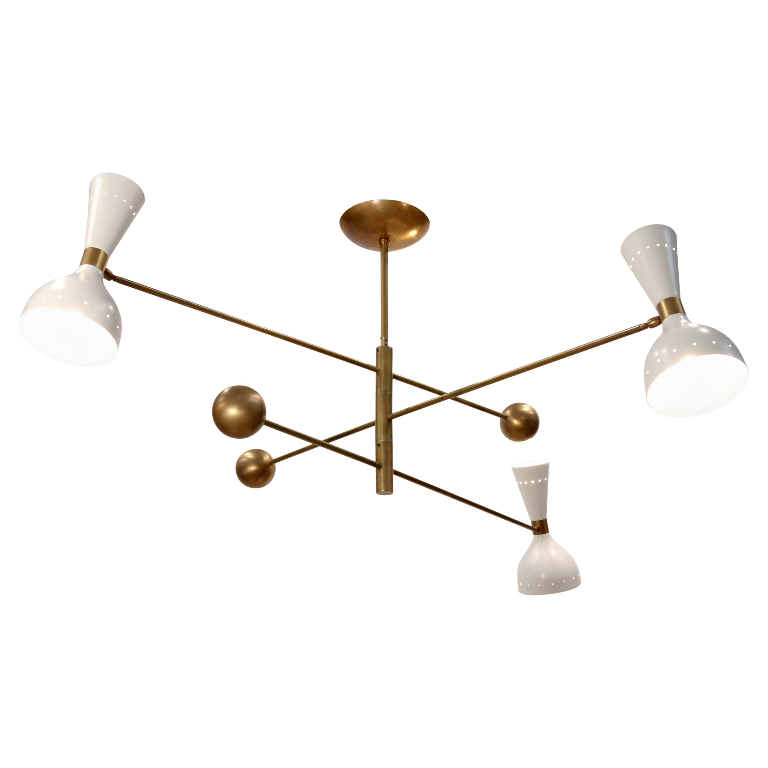 Orbitale Brass Chandelier 3 Rotating Balanced Arms, Stilnovo Style, Twin Shades