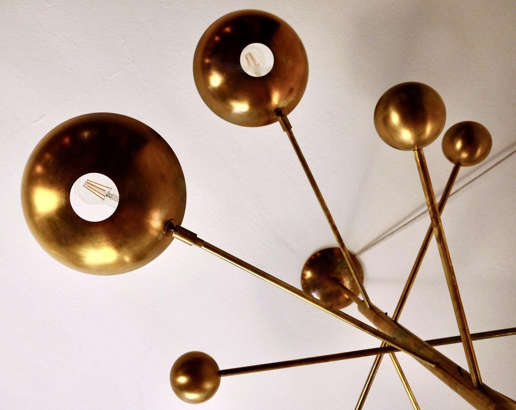 Orbitale Brass Chandelier 5 Rotating Balanced Arms, All Brass and Natural Patina For Sale 4