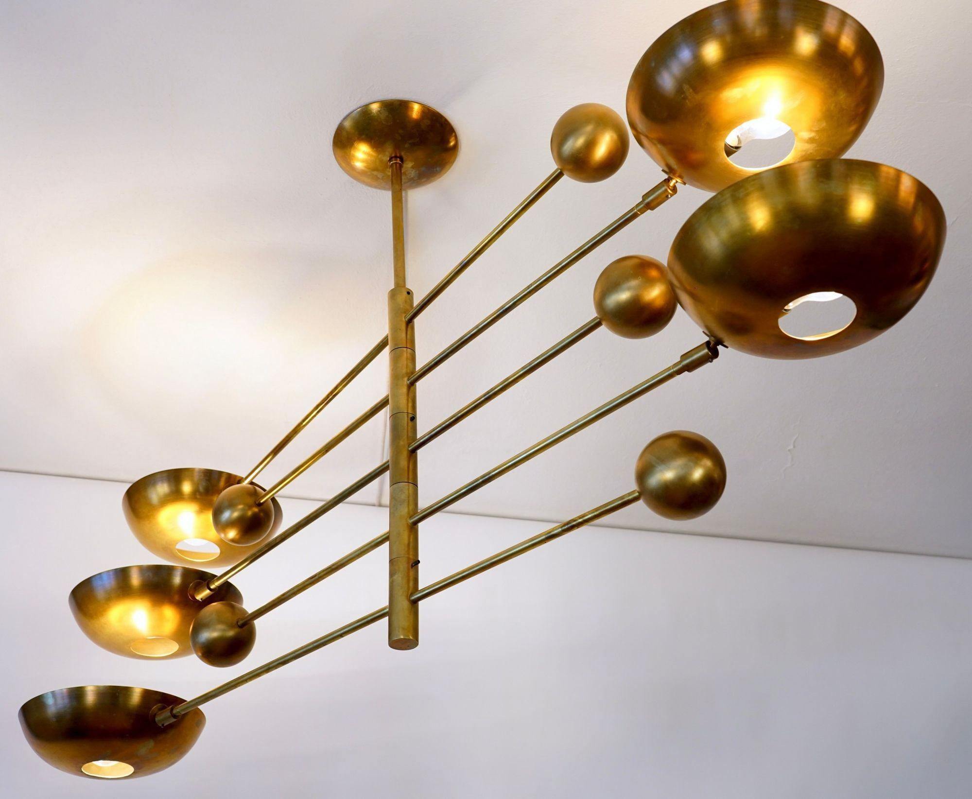 Orbitale Brass Chandelier 5 Rotating Balanced Arms, All Brass and Natural Patina For Sale 7