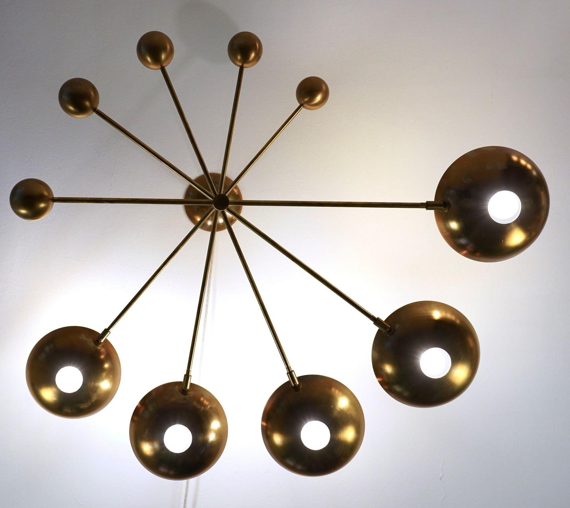 Orbitale Brass Chandelier 5 Rotating Balanced Arms, All Brass and Natural Patina For Sale 10