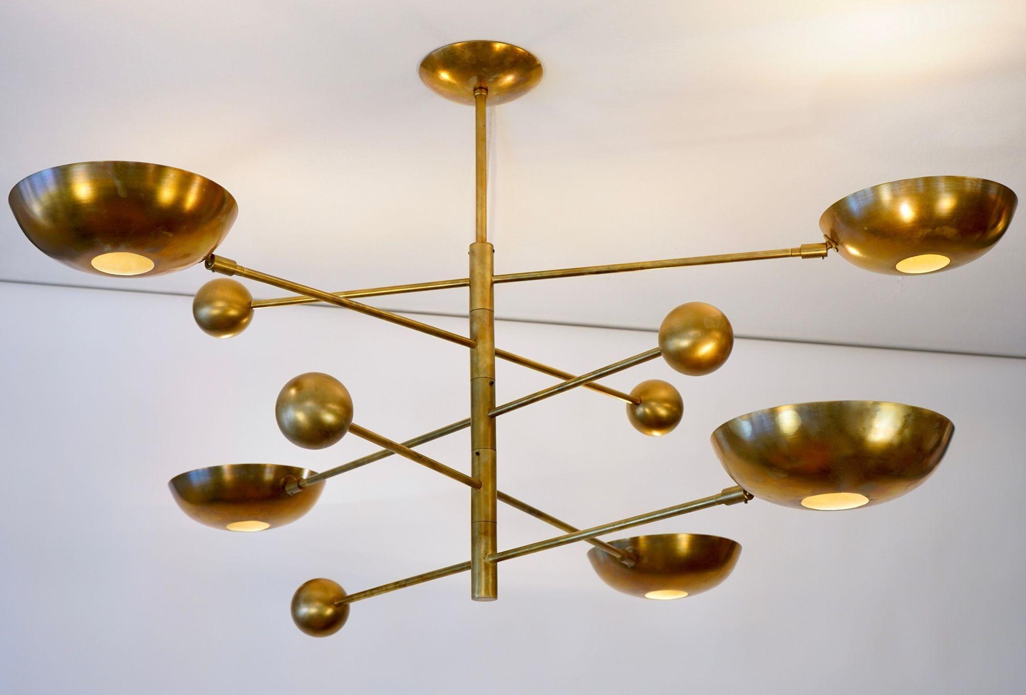 Patinated Orbitale Brass Chandelier 5 Rotating Balanced Arms, All Brass and Natural Patina For Sale