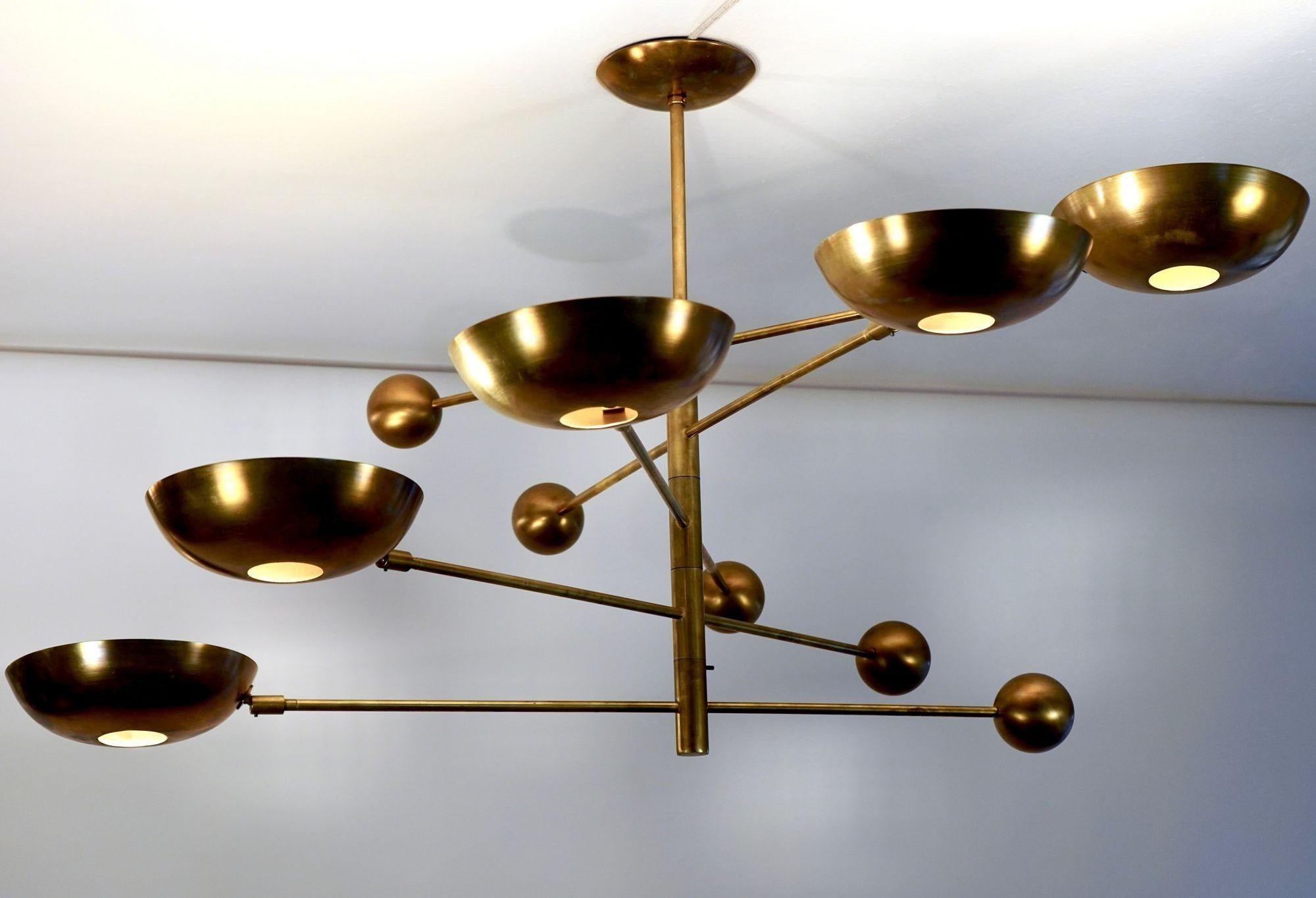 Orbitale Brass Chandelier 5 Rotating Balanced Arms, All Brass and Natural Patina For Sale 3