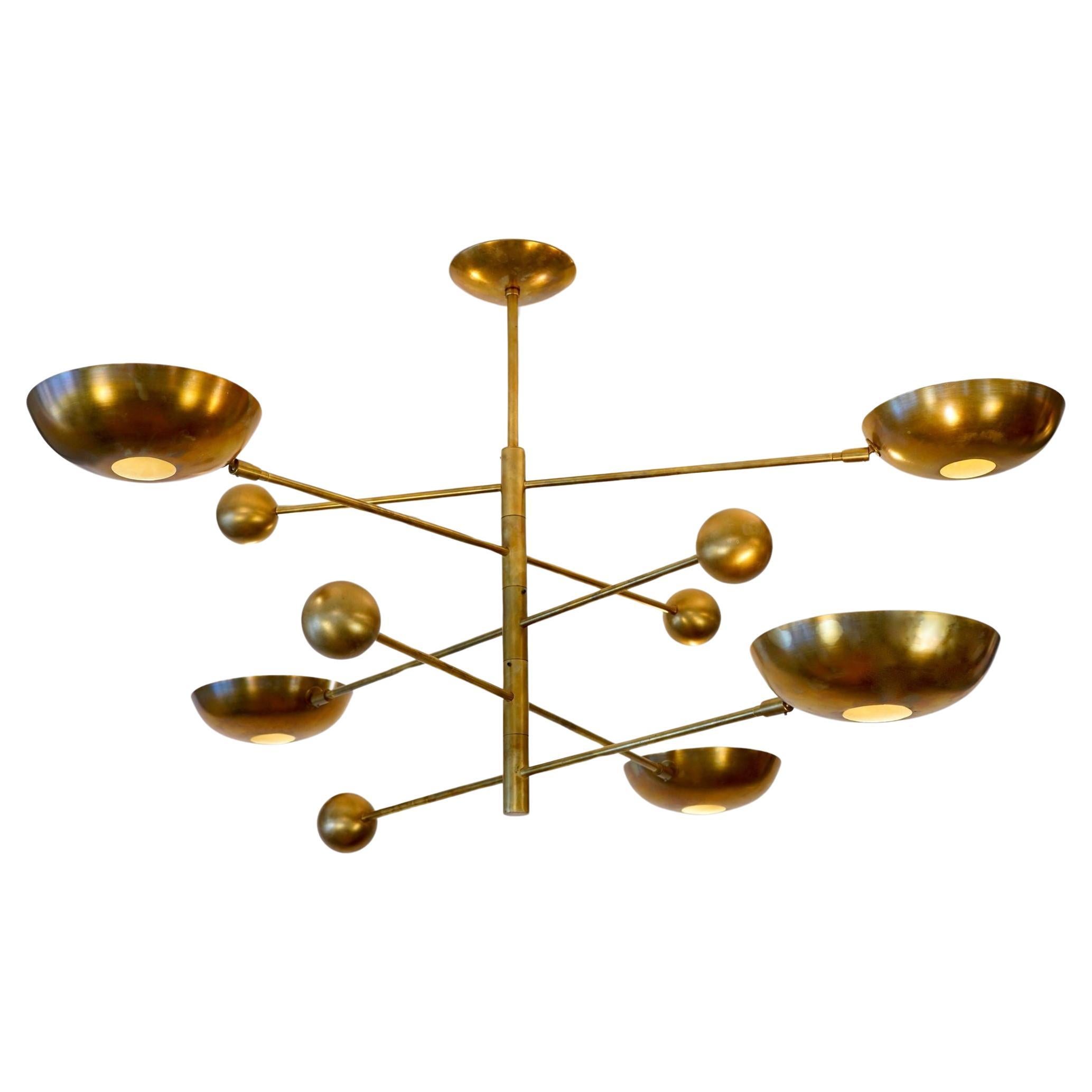 Orbitale Brass Chandelier 5 Rotating Balanced Arms, All Brass and Natural Patina For Sale