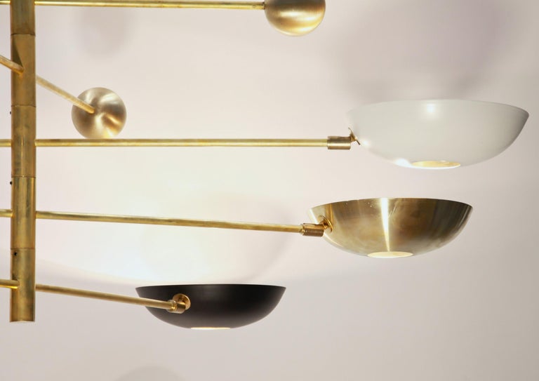 Orbitale Brass Chandelier 5 Rotating Balanced Arms, Stilnovo Style, Brass Shades For Sale 3