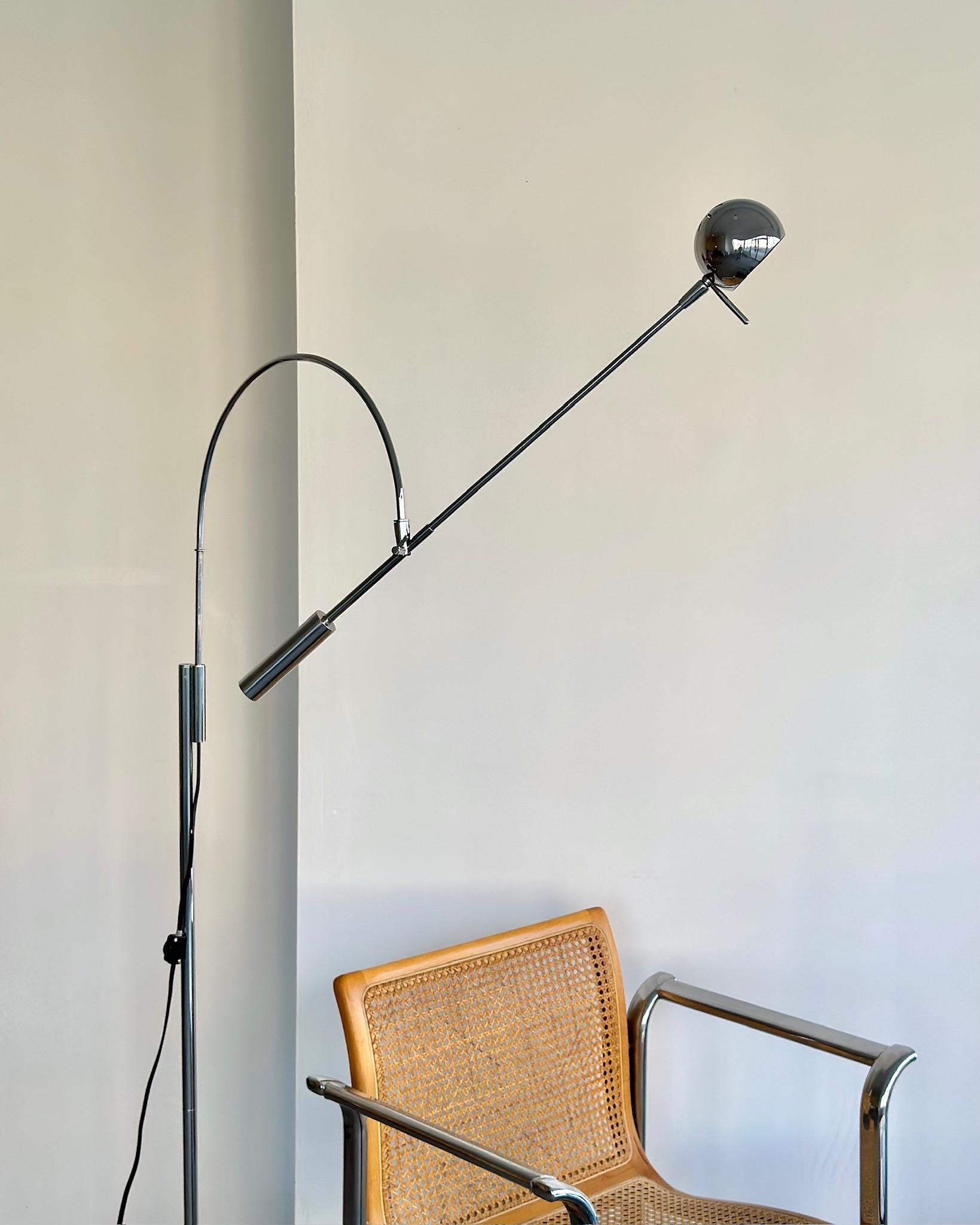 Orbiter lamp by Robert Sonneman; style of. 
Vintage chrome arch lamp in the style of Robert Sonneman’s Orbiter lamp. Date unknown, however previous owner had possession of it since the early 90’s. Near identical resemblance to the Orbiter design