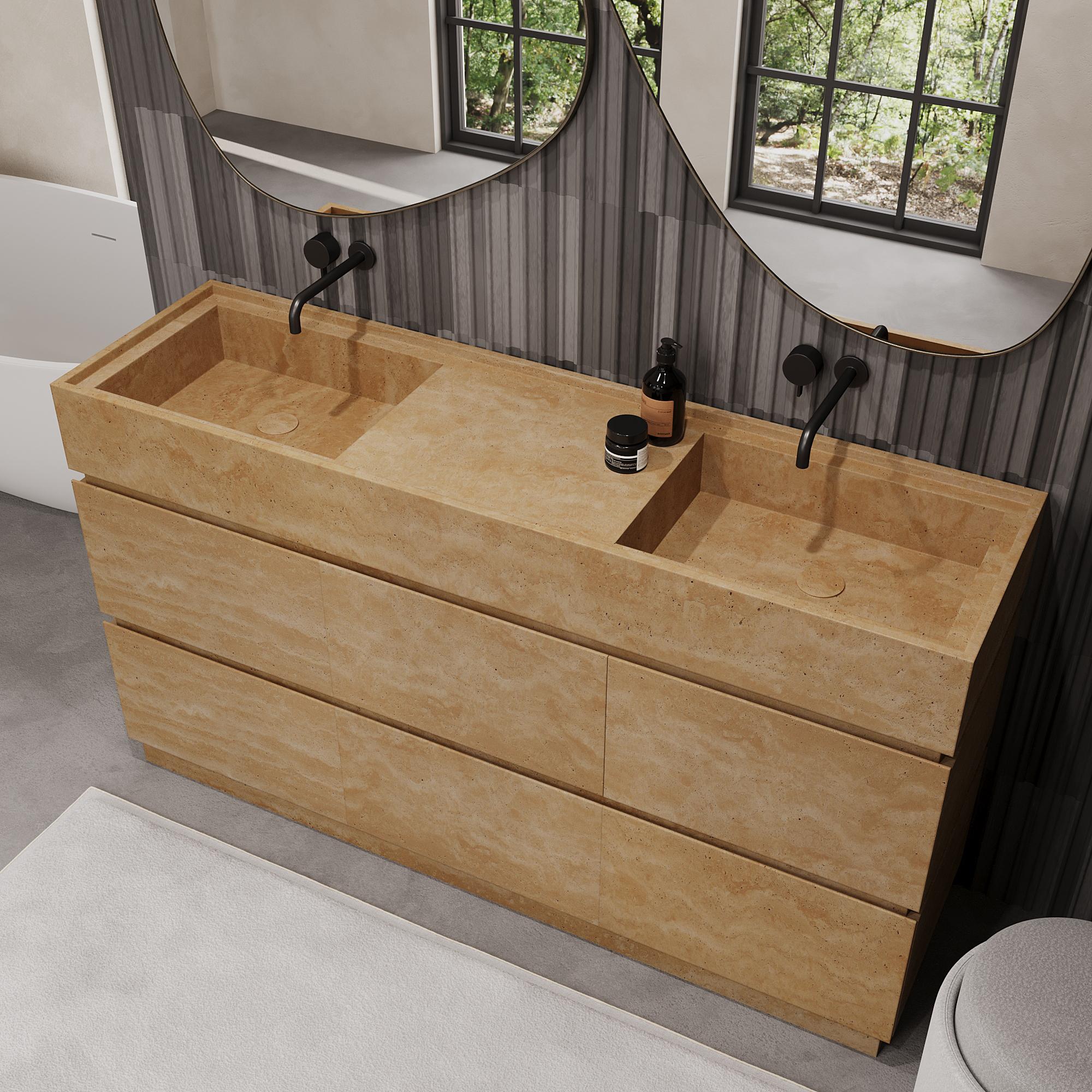 Orca - Mobiletto da bagno a doppio lavabo in marmo - Travertino beige in vendita 2