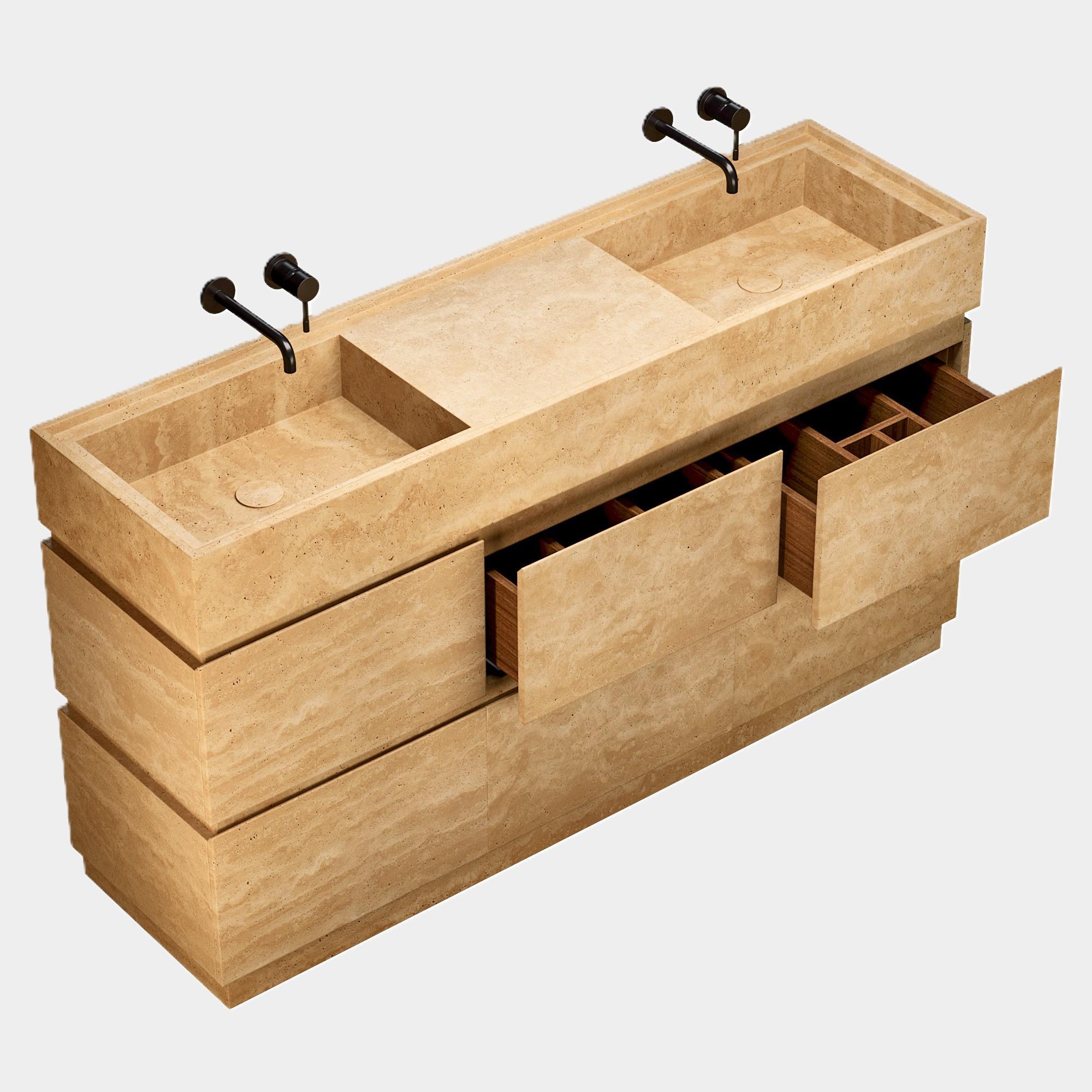 XXI secolo e contemporaneo Orca - Mobiletto da bagno a doppio lavabo in marmo - Travertino beige in vendita