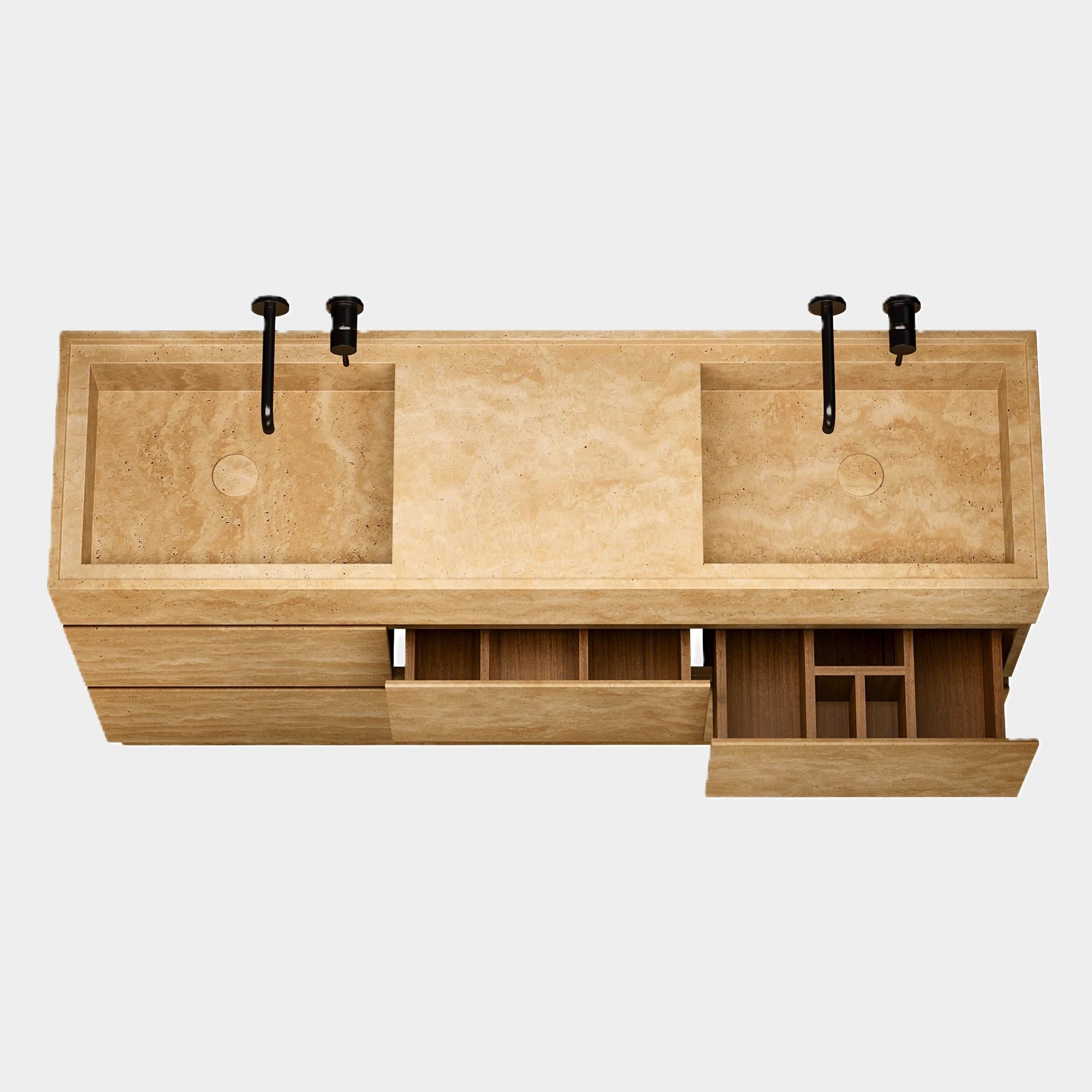 Orca - Mobiletto da bagno a doppio lavabo in marmo - Travertino beige in vendita 1
